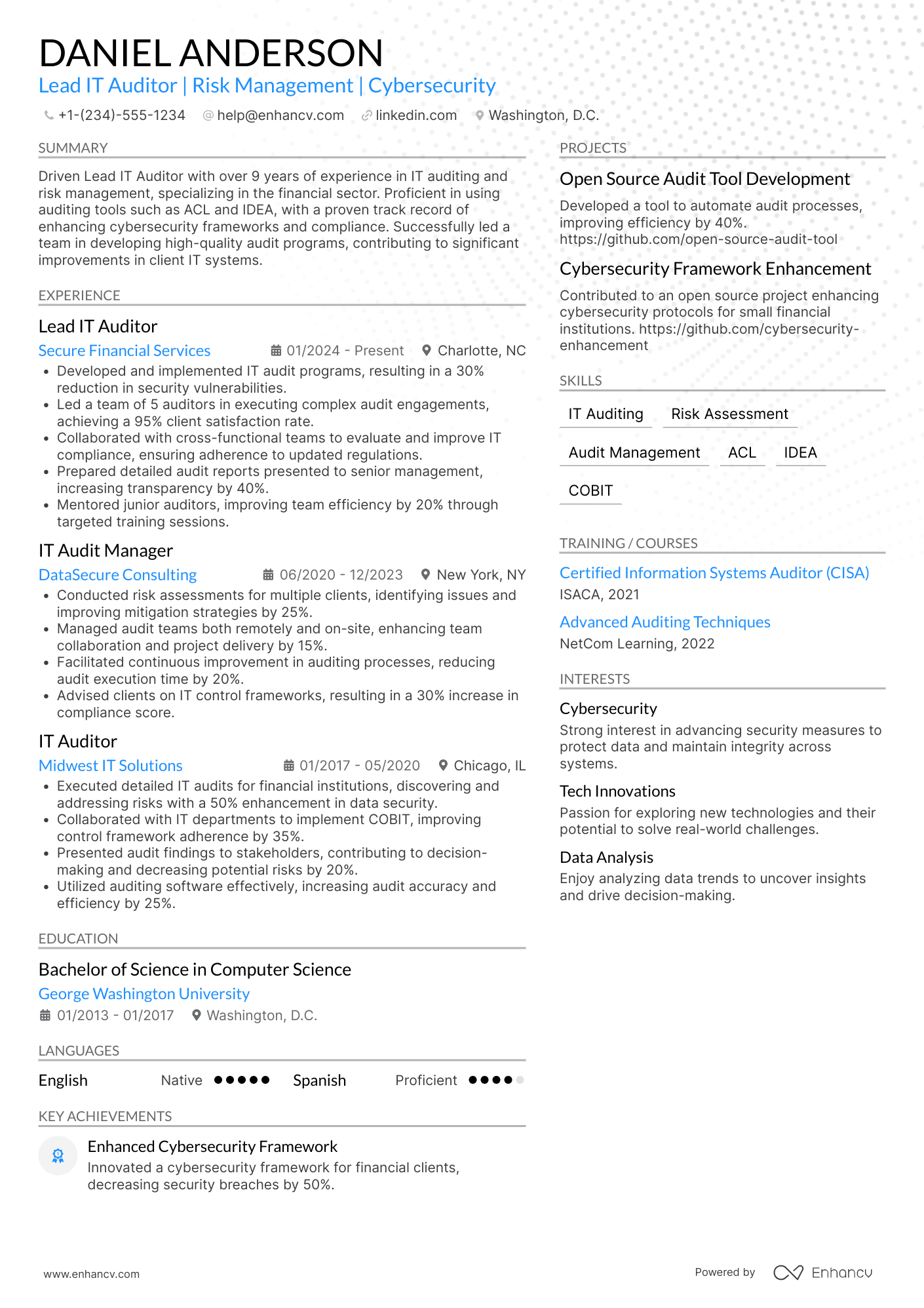 Lead IT Auditor Resume Example