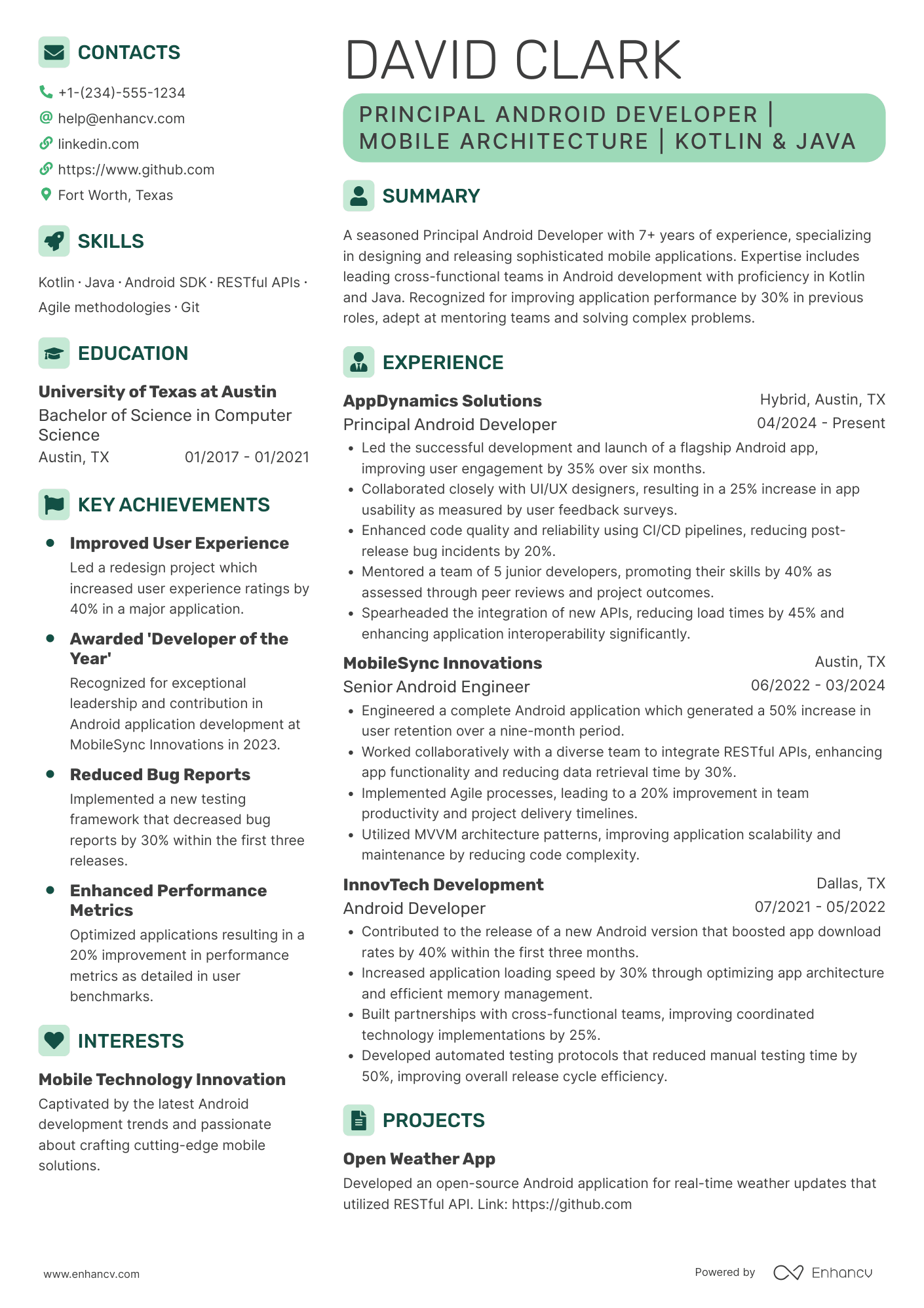 Principal Android Developer Resume Example