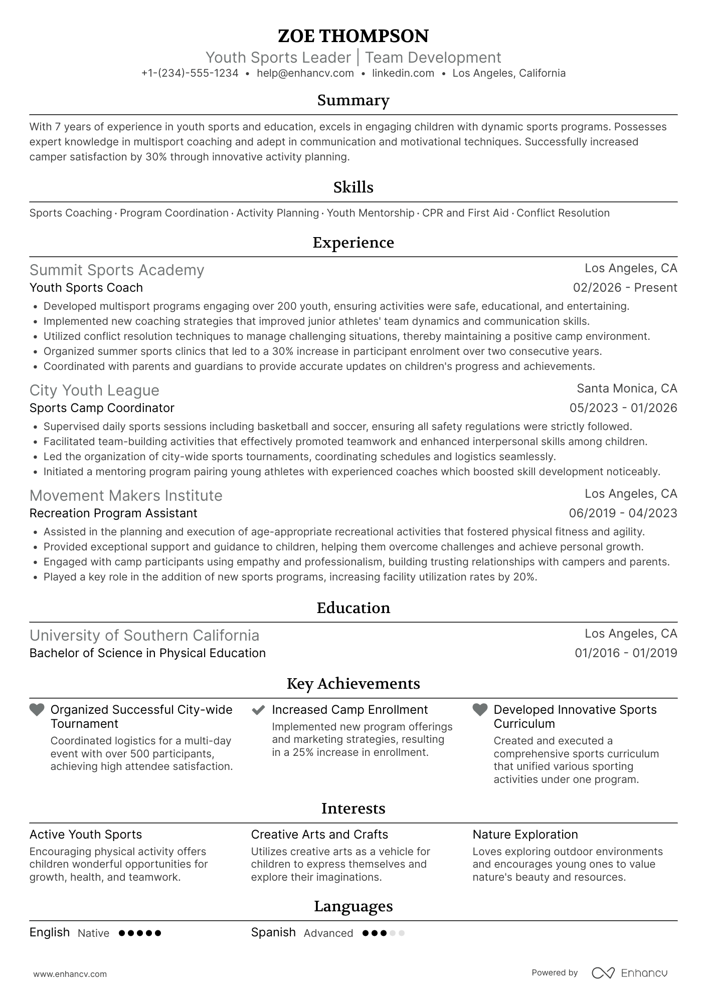 Sports Camp Counselor Resume Example