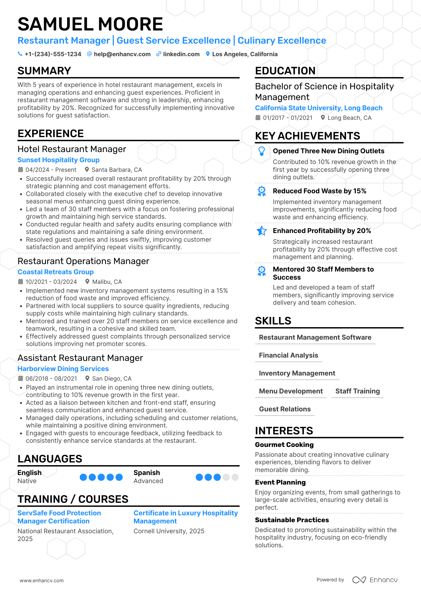 Hotel Restaurant Manager Resume Example