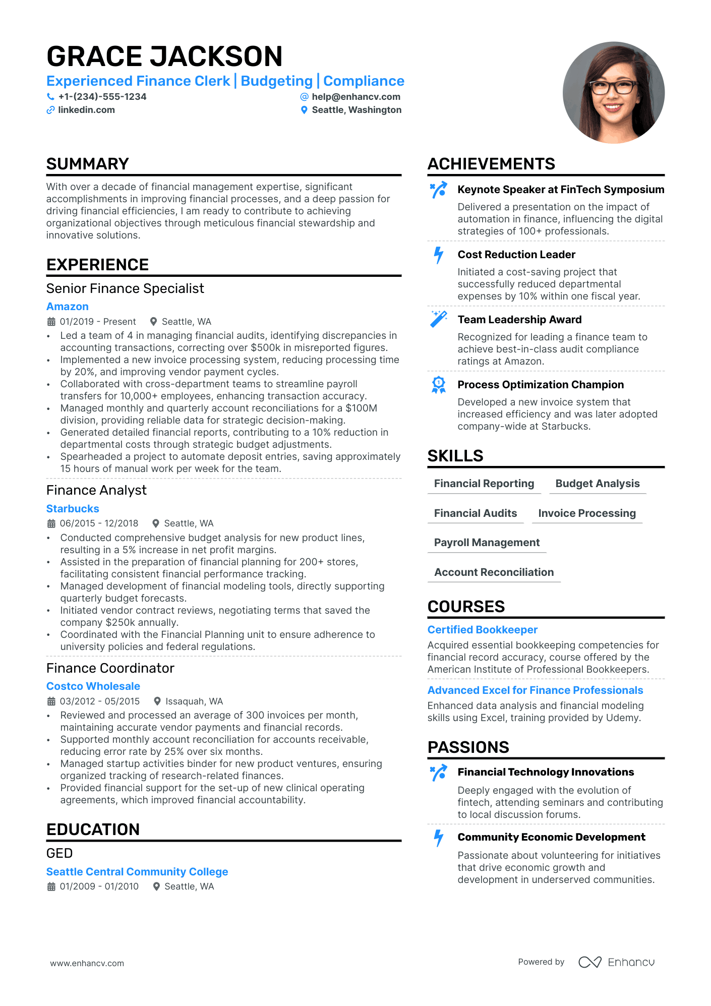Finance Clerk Resume Example