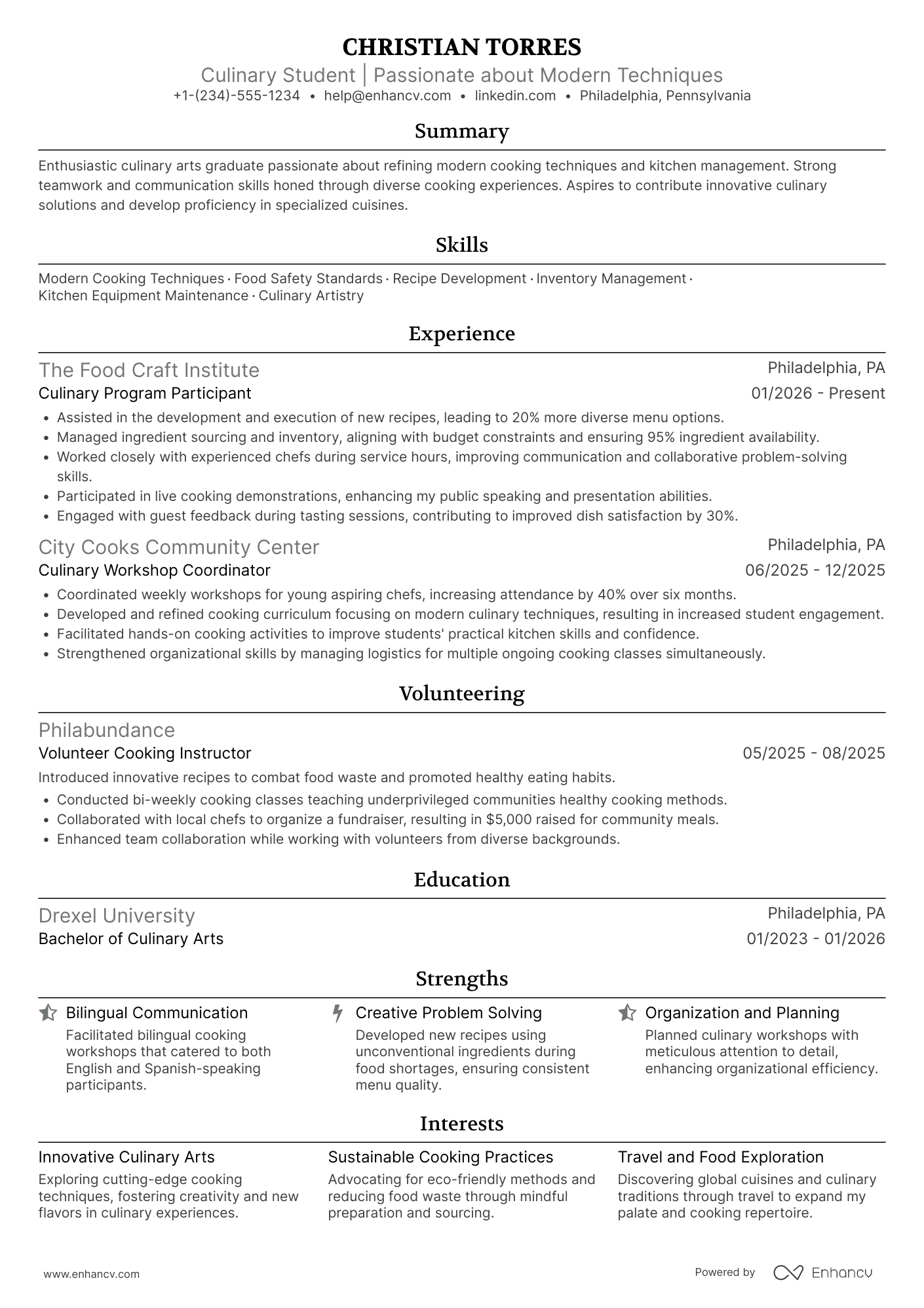 Culinary Intern Resume Example