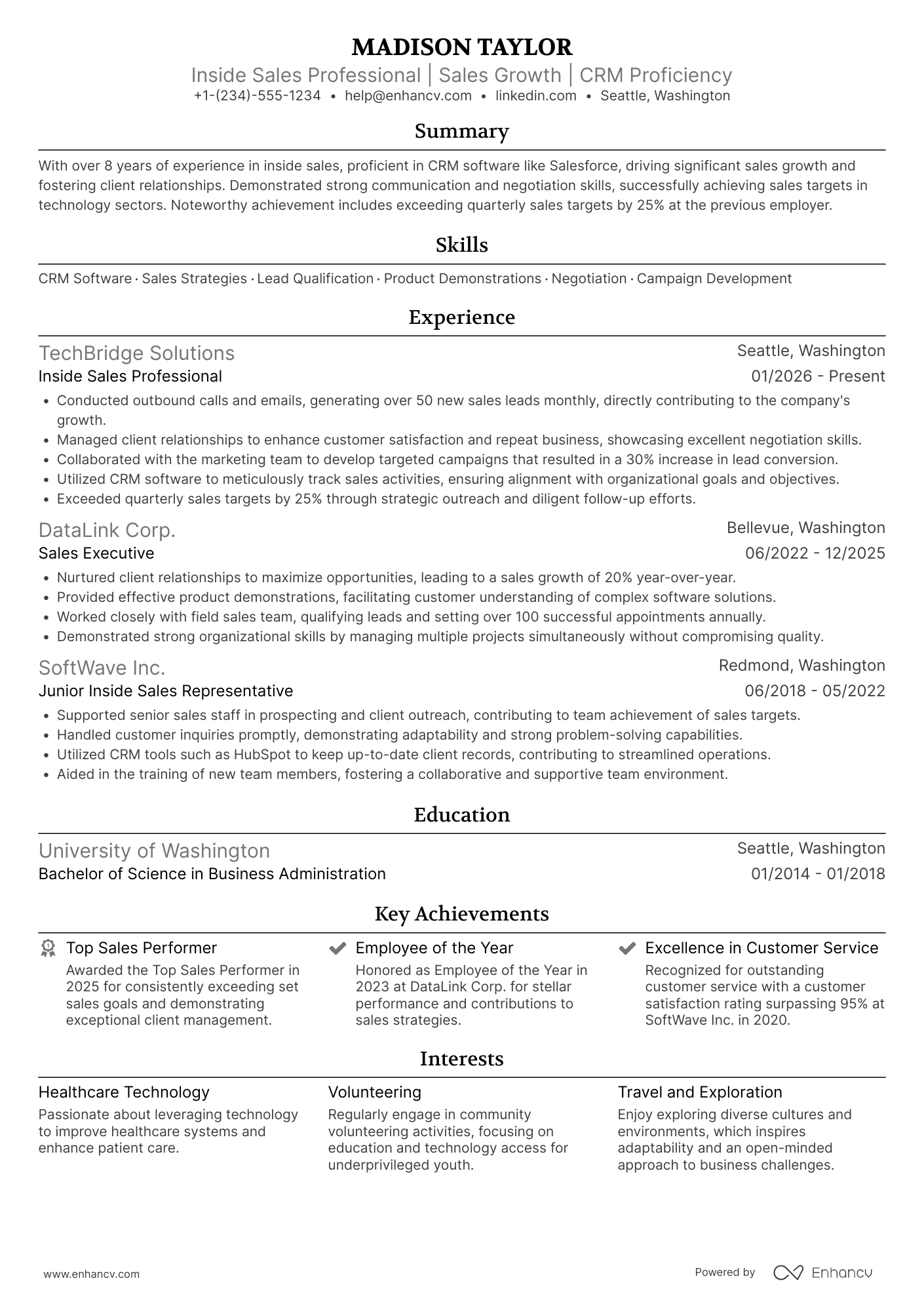 Inside Sales Professional Resume Example