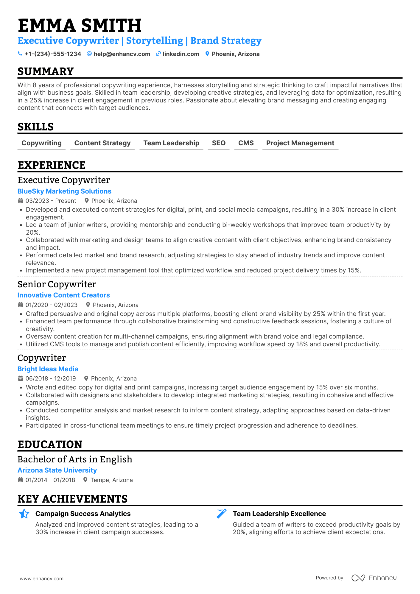 Executive Copywriter Resume Example