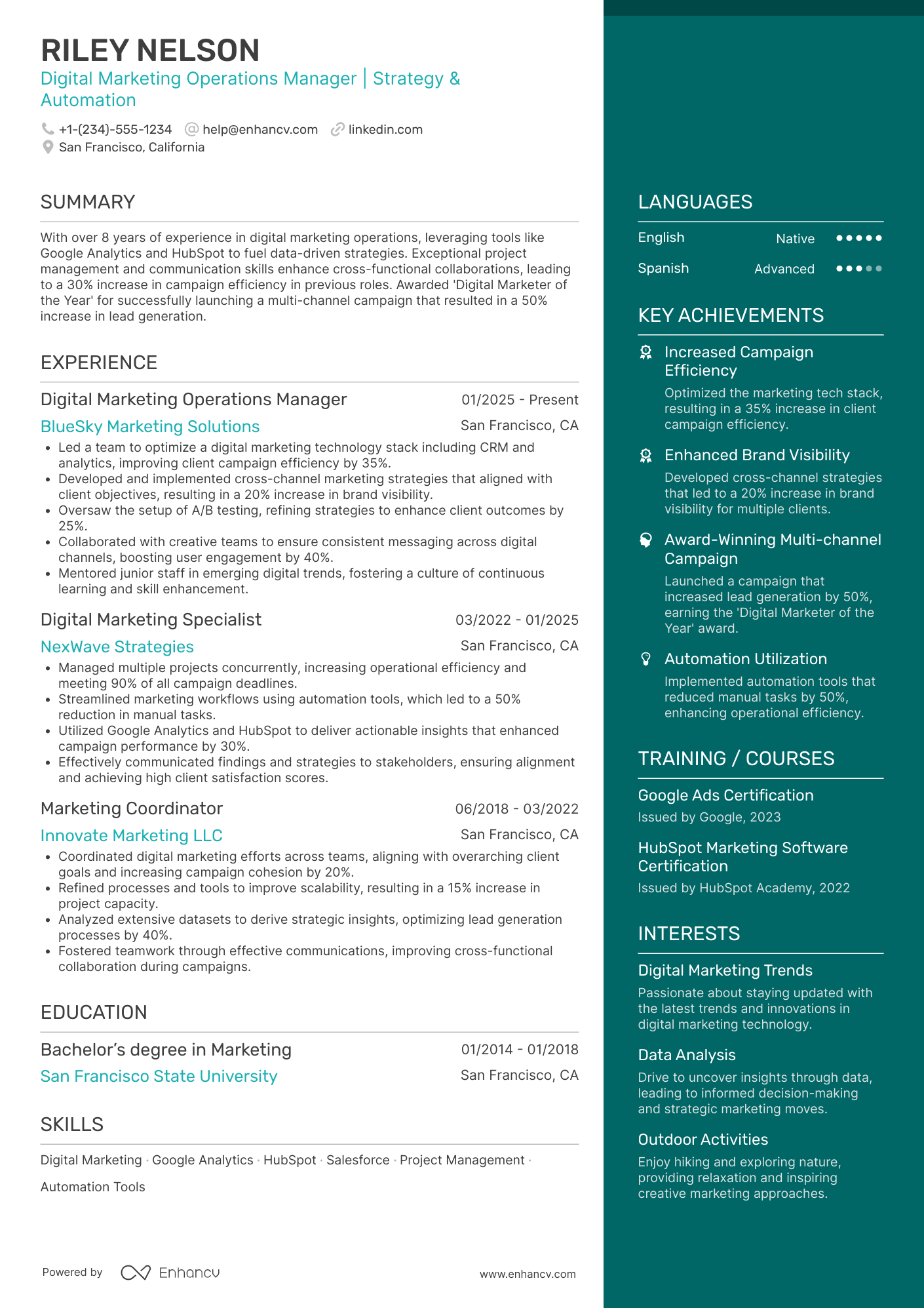 Digital Marketing Operations Manager Resume Example