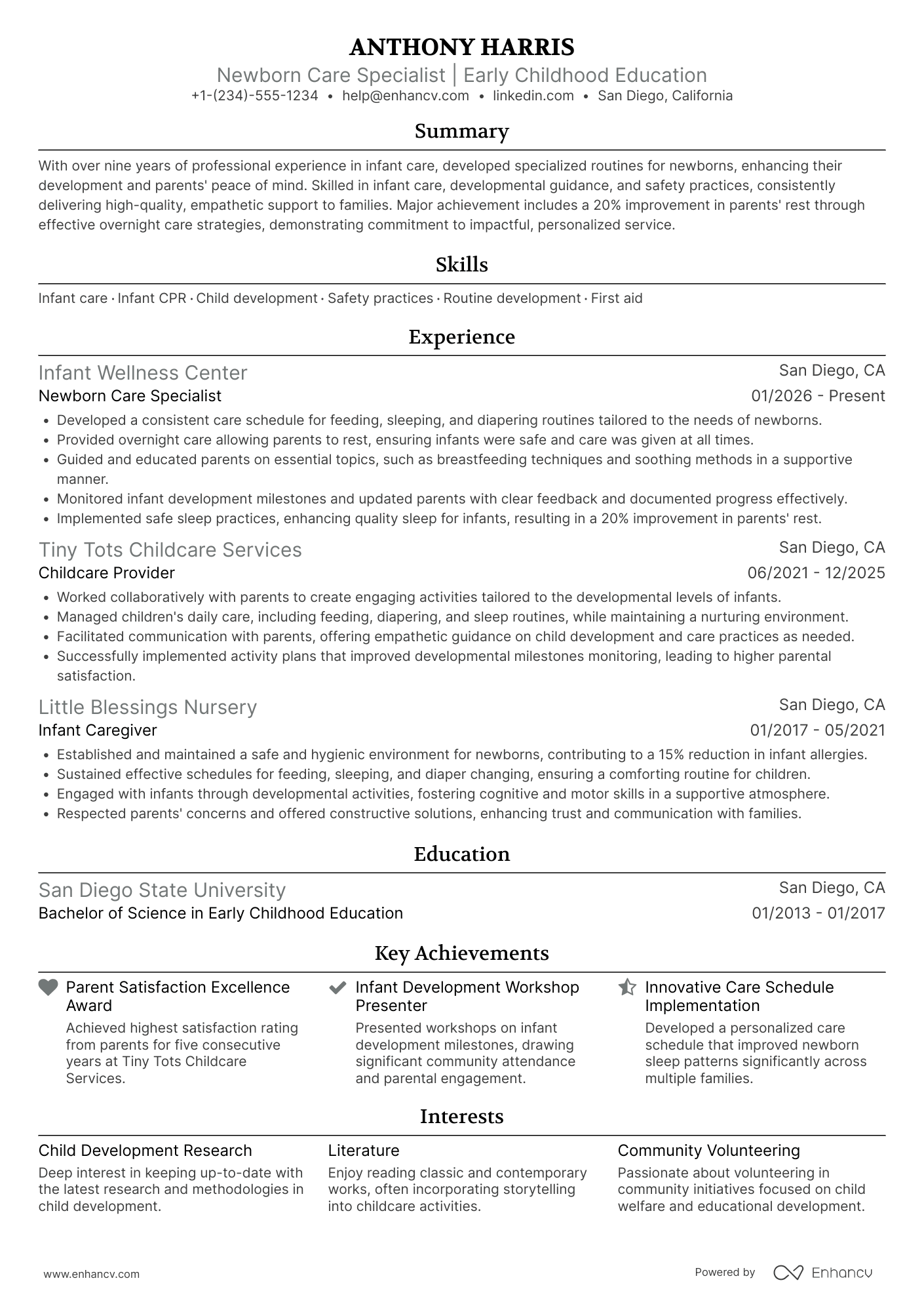 Newborn Care Specialist Nanny Resume Example