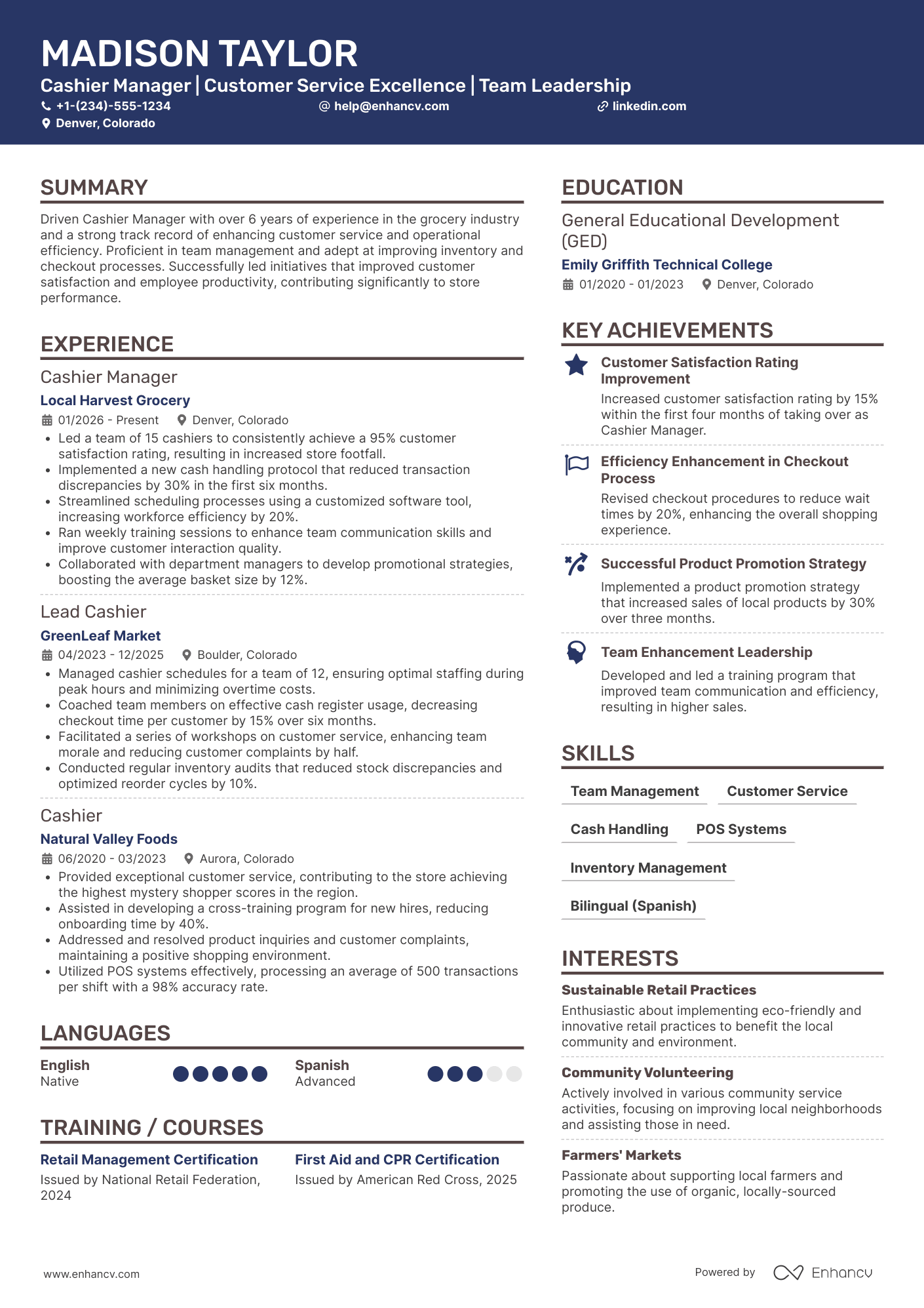 Cashier Manager Resume Example