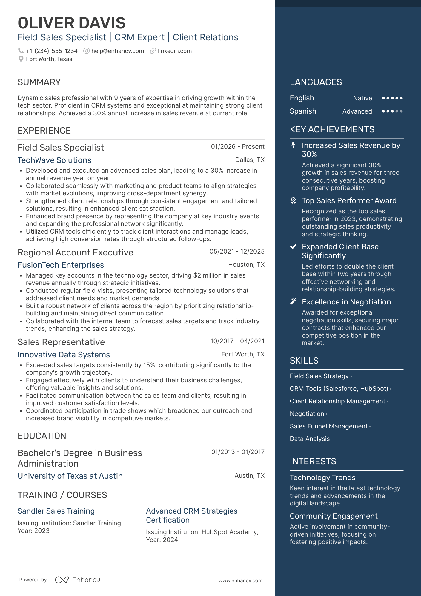 Field Sales Professional Resume Example