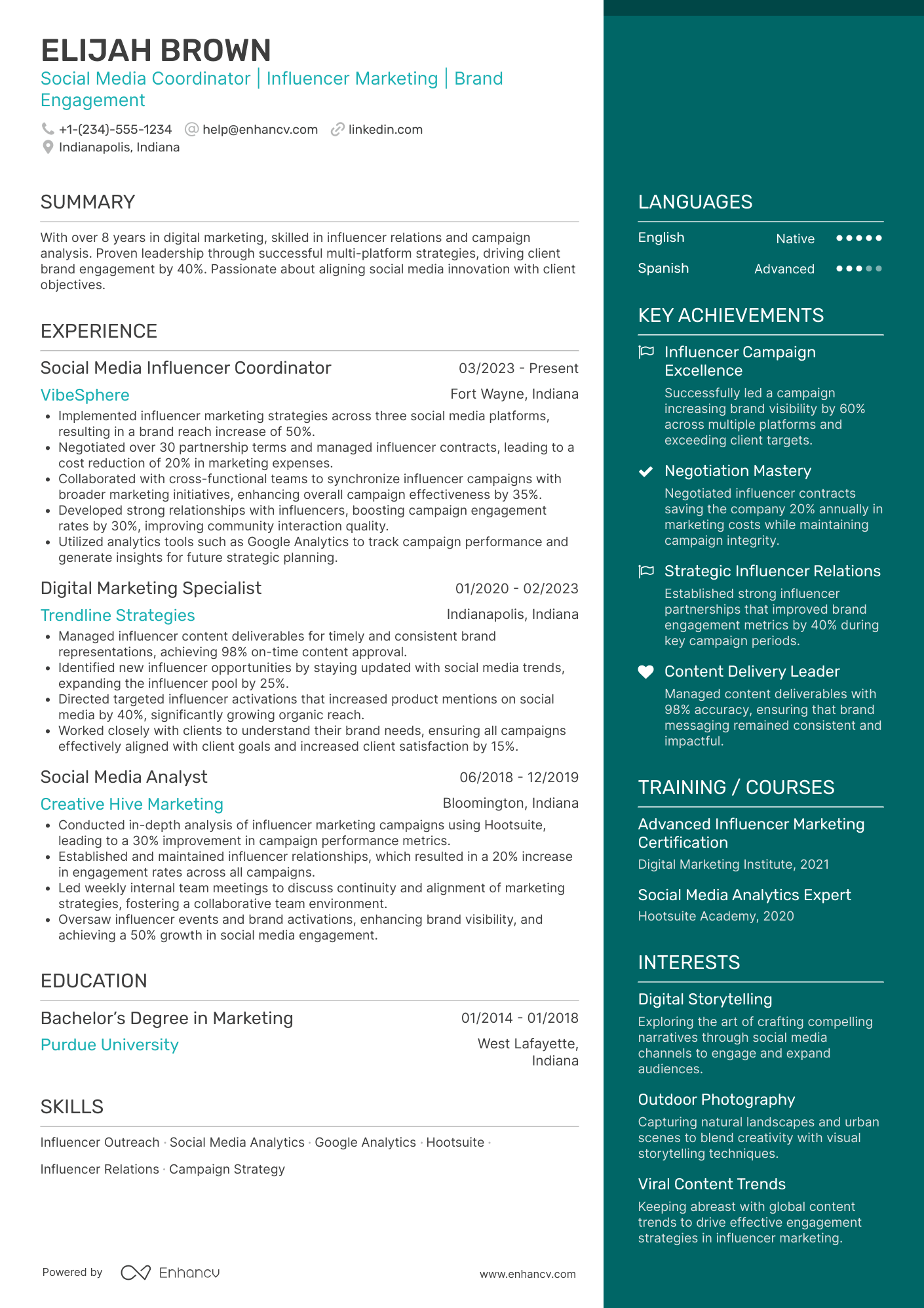 Social Media Influencer Coordinator Resume Example