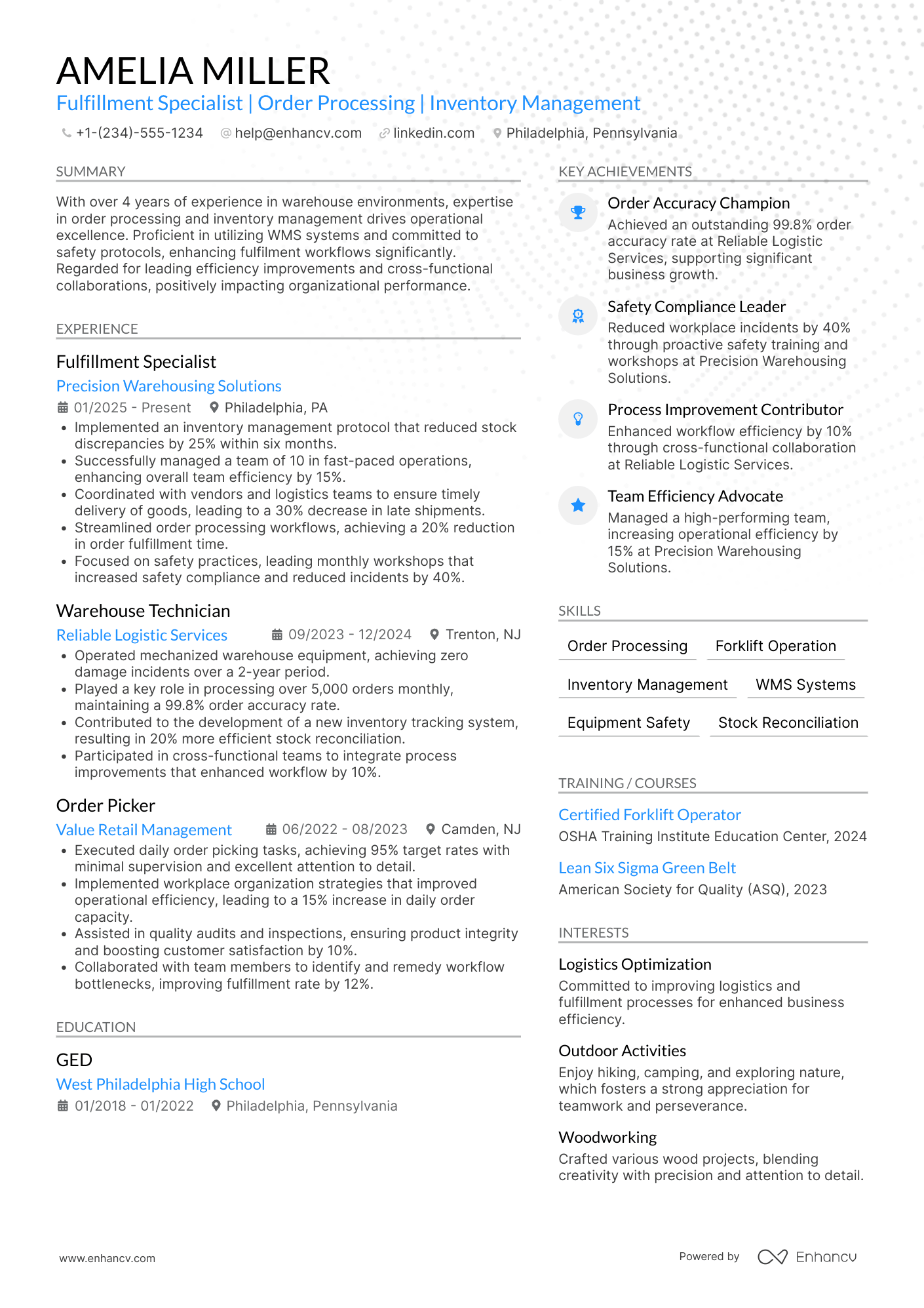 Warehouse Worker ��� Fulfillment Specialist Resume Example