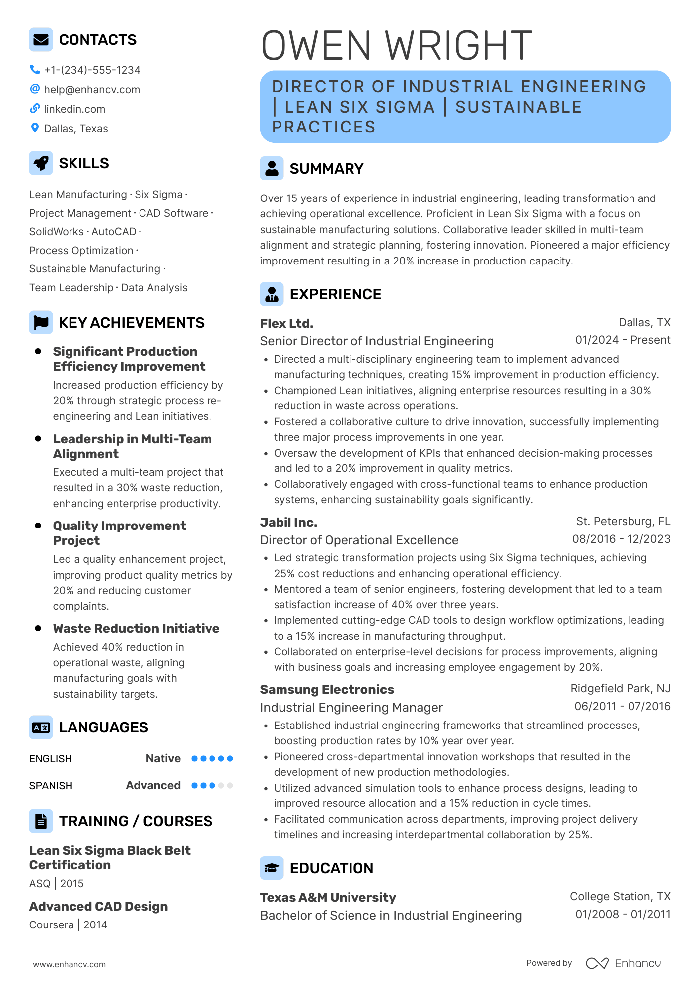 Director of Industrial Engineering Resume Example