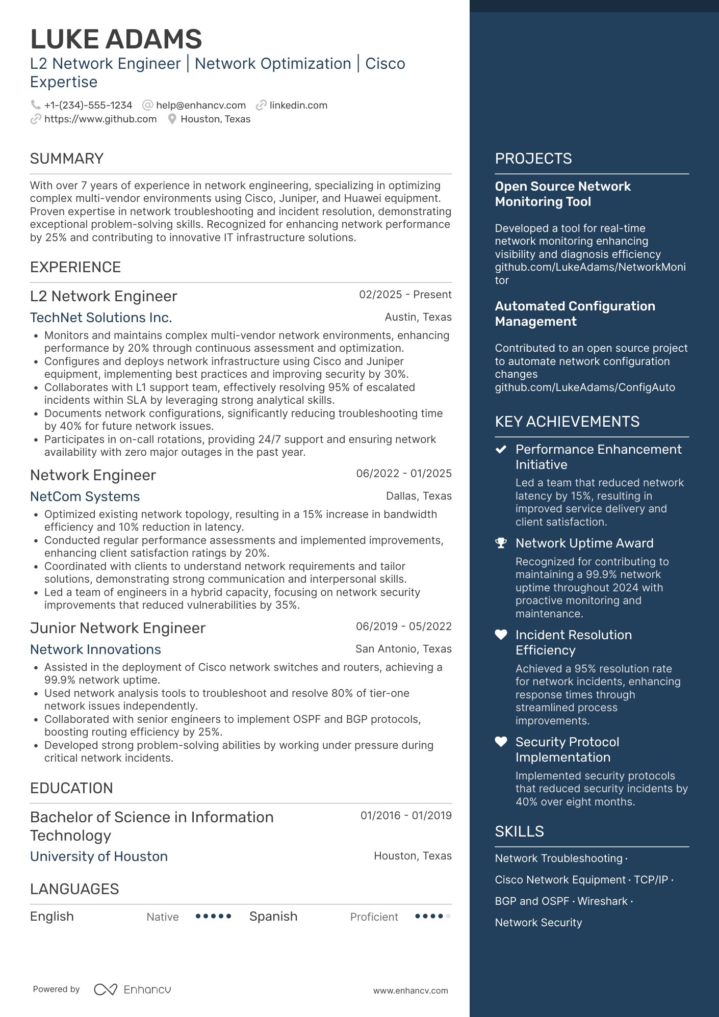 L2 Network Engineer Resume Example