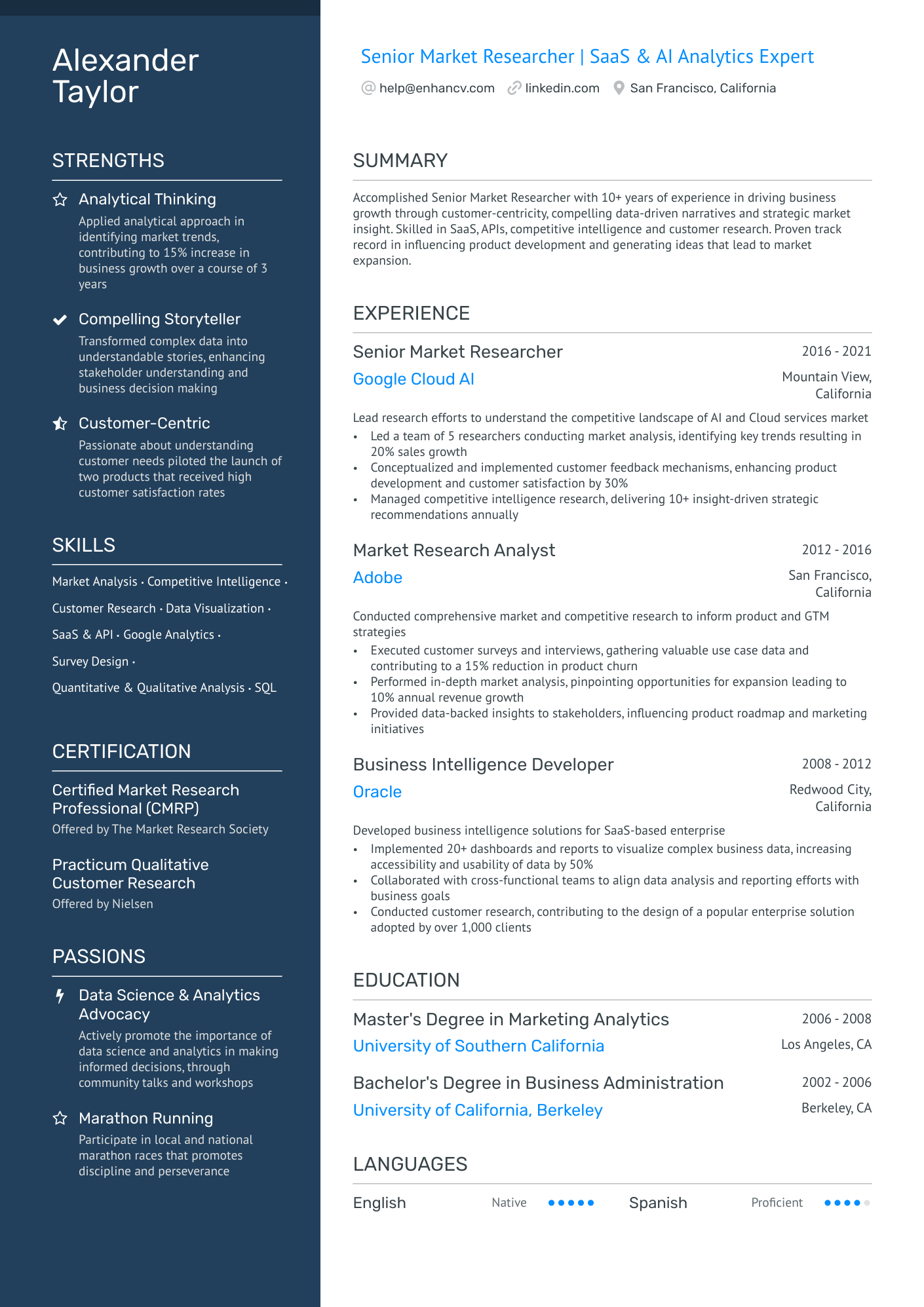 Market Researcher Resume Example