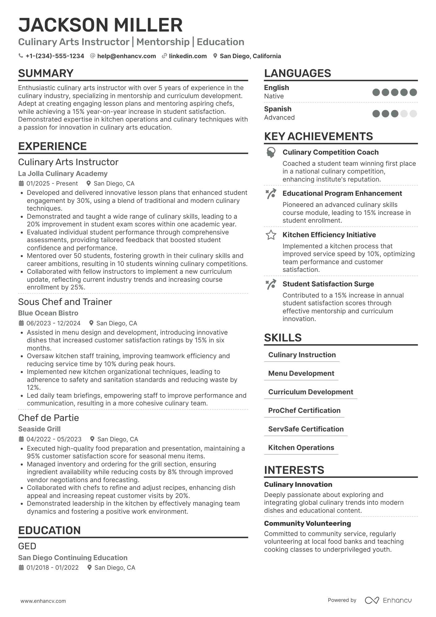 Culinary Arts Instructor Resume Example