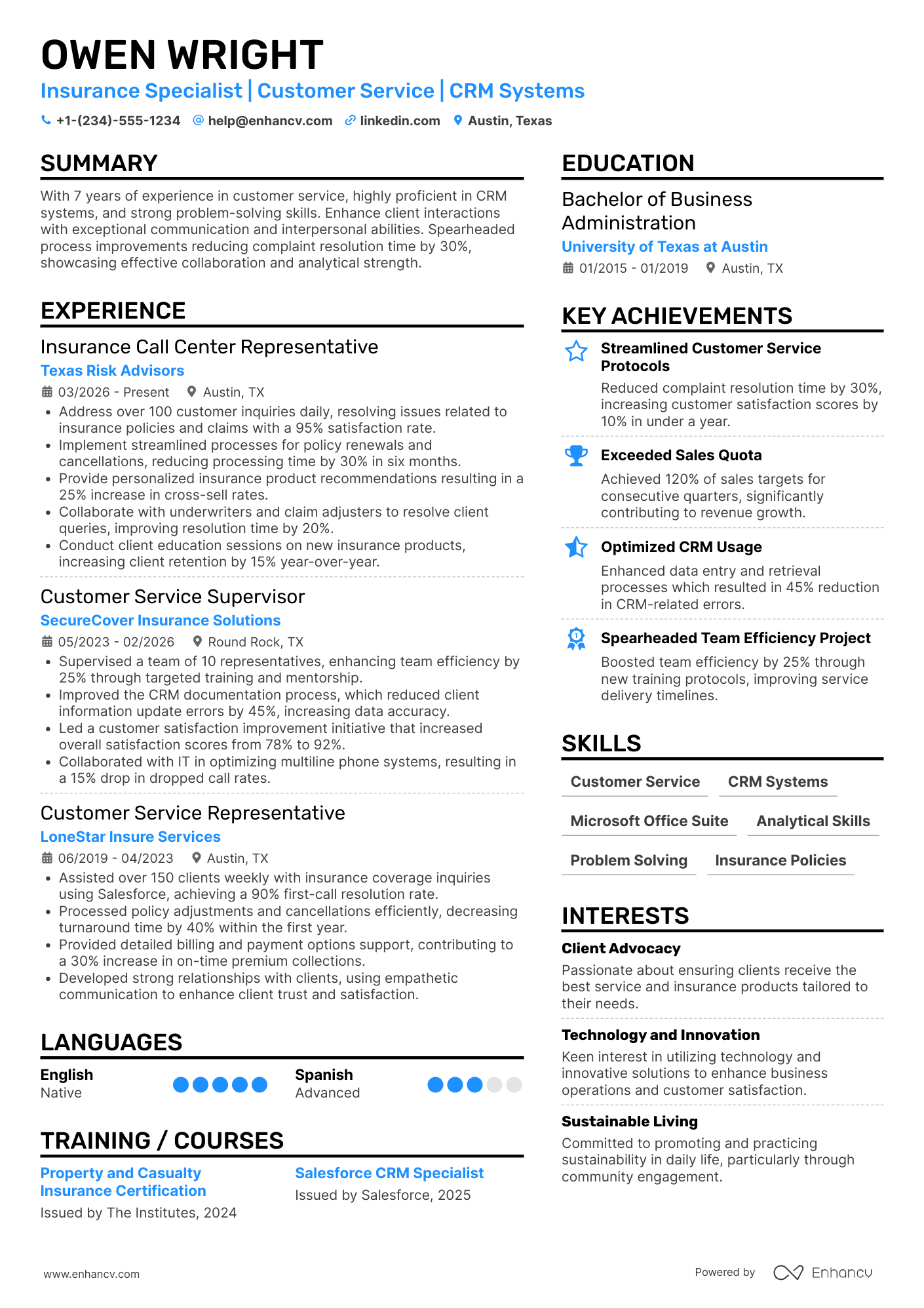 Insurance Call Center Representative Resume Example