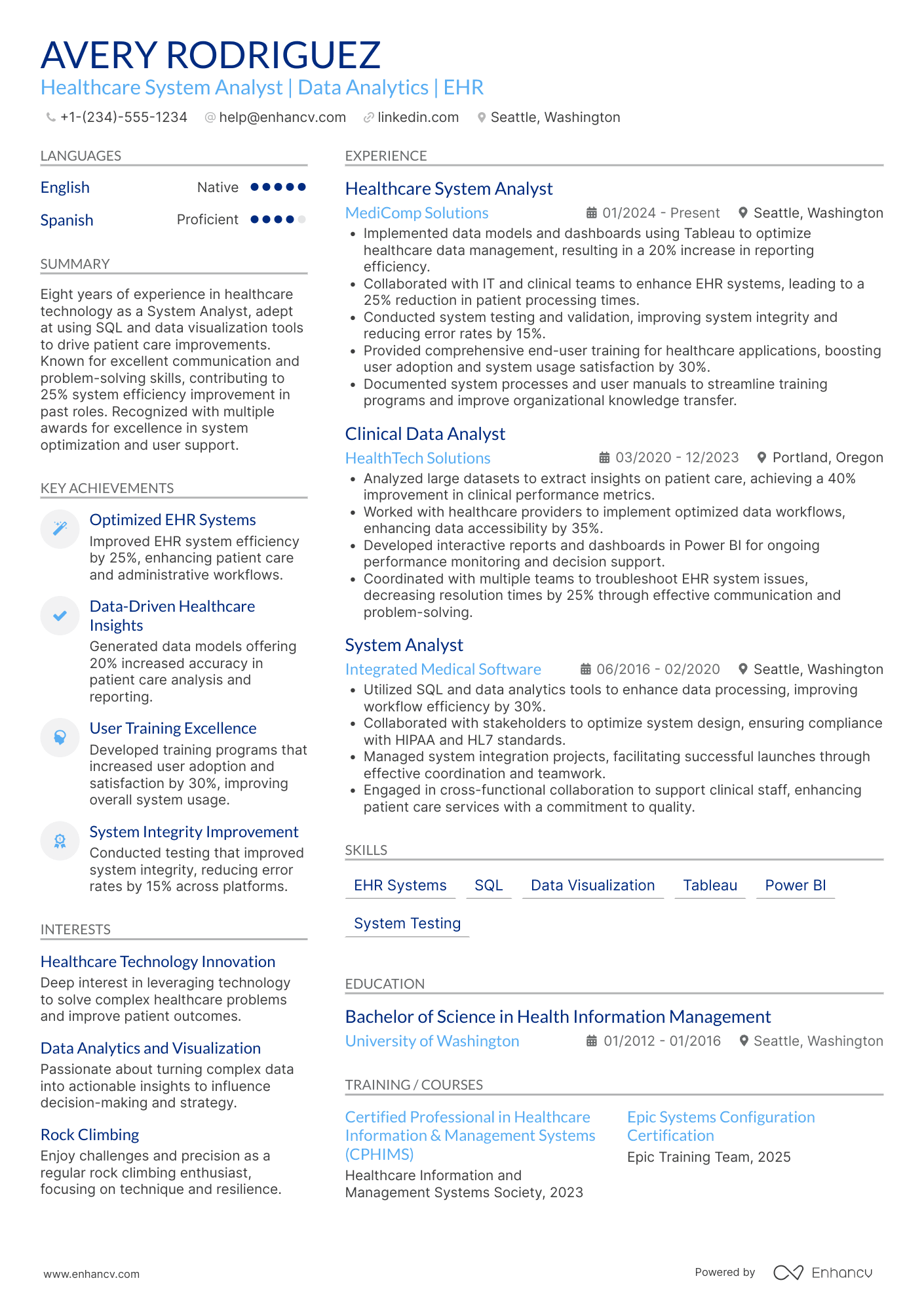 Healthcare System Analyst Resume Example