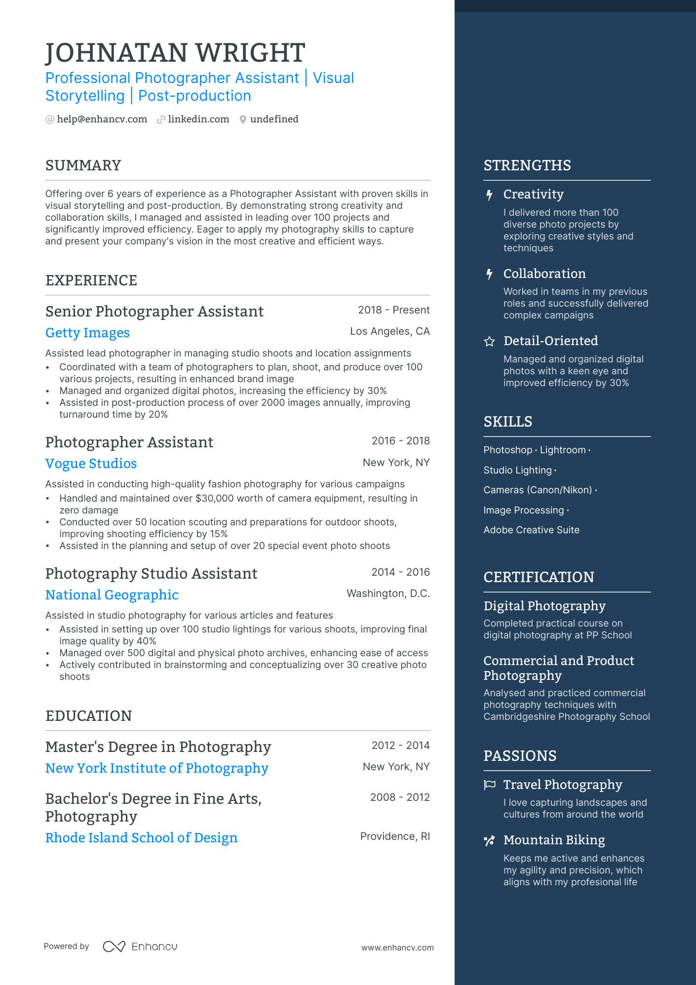 Photographer Assistant Resume Example