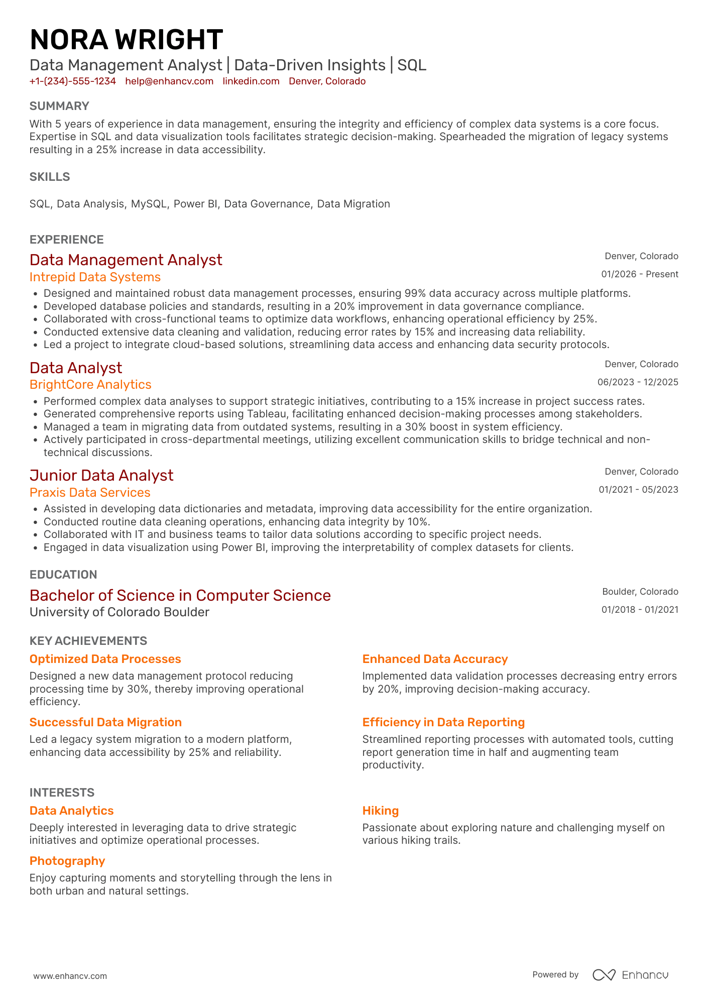 Data Management Analyst Resume Example
