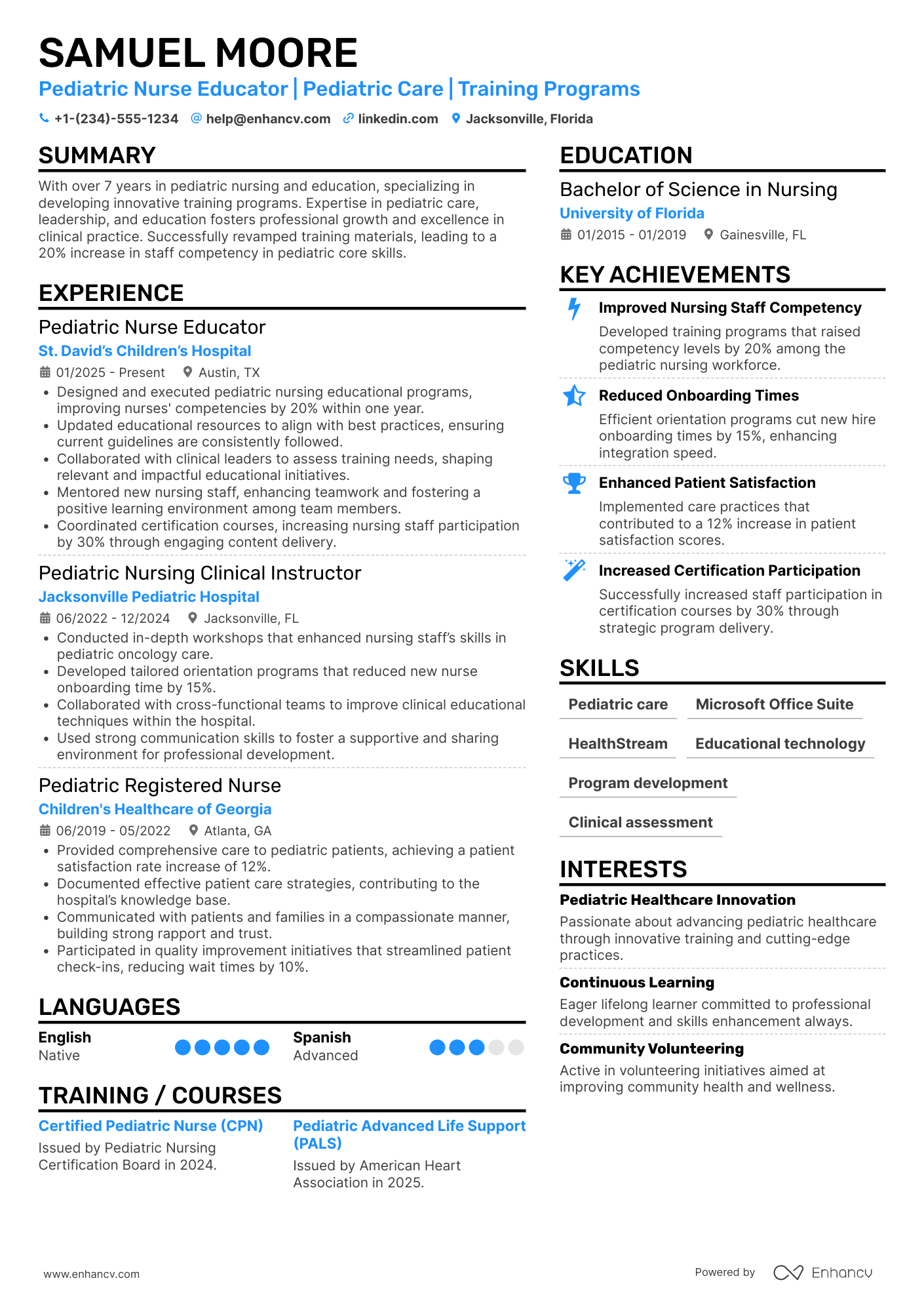 Pediatric Nurse Educator Resume Example
