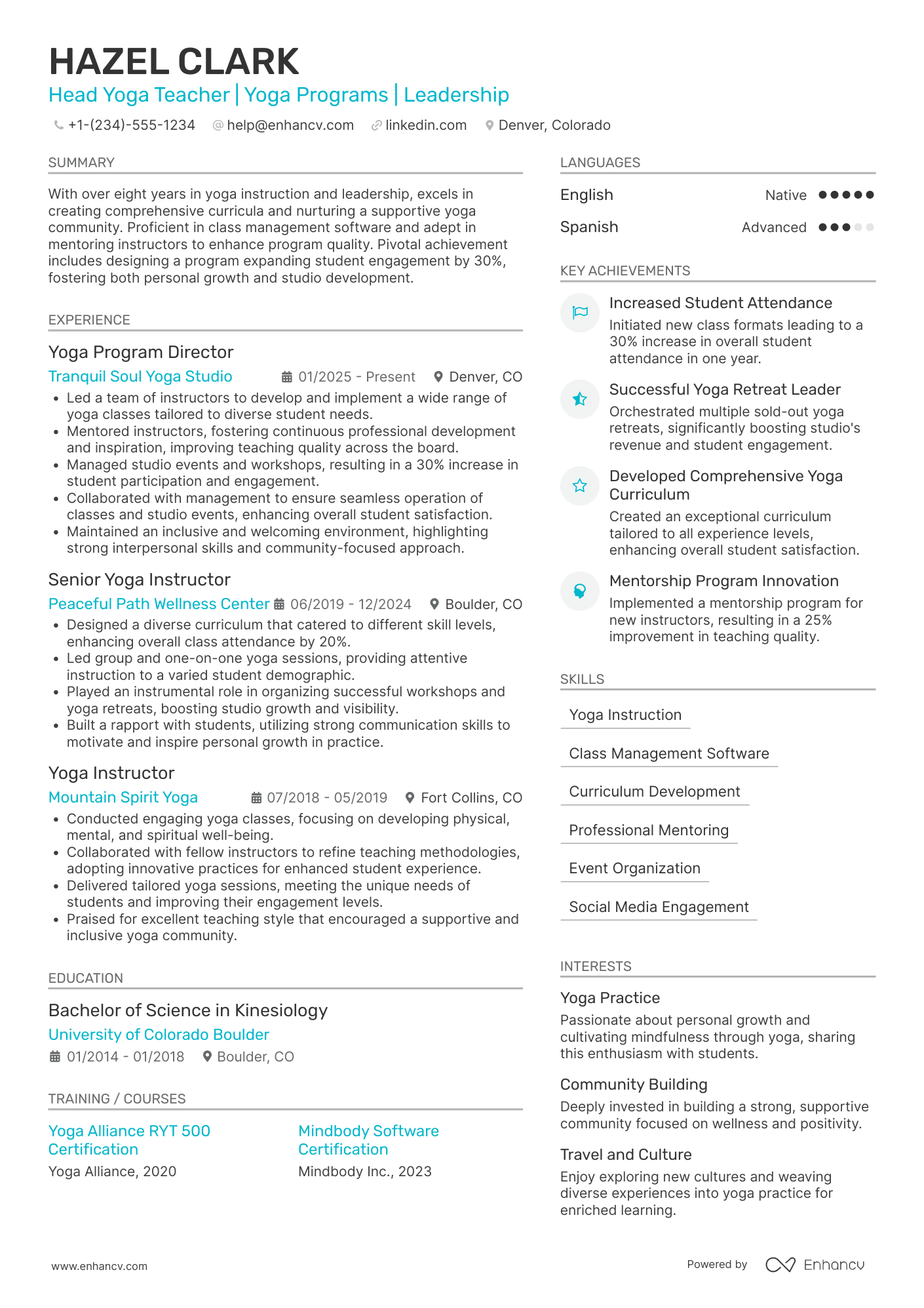 Head Yoga Teacher Resume Example