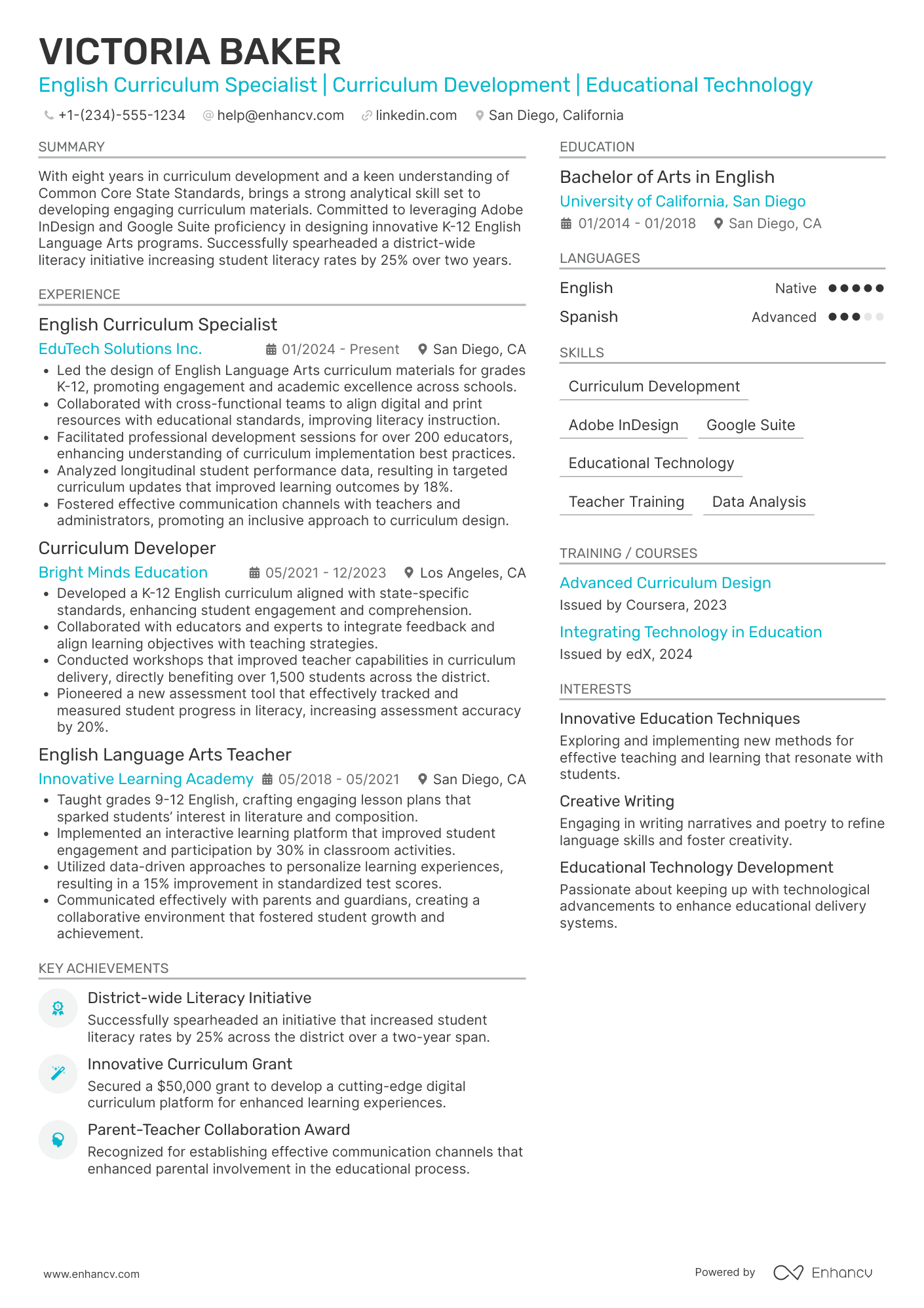 English Curriculum Specialist Resume Example