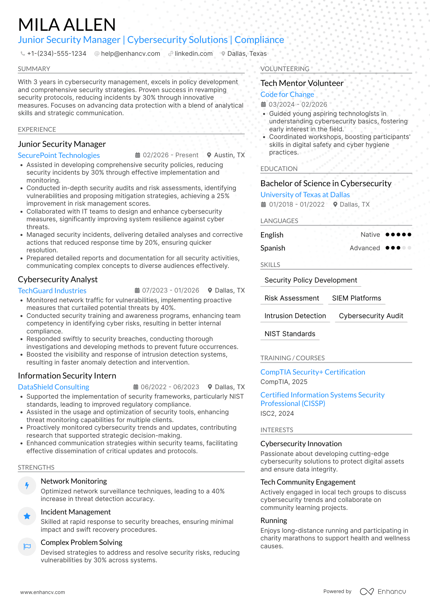 Junior Security Manager Resume Example