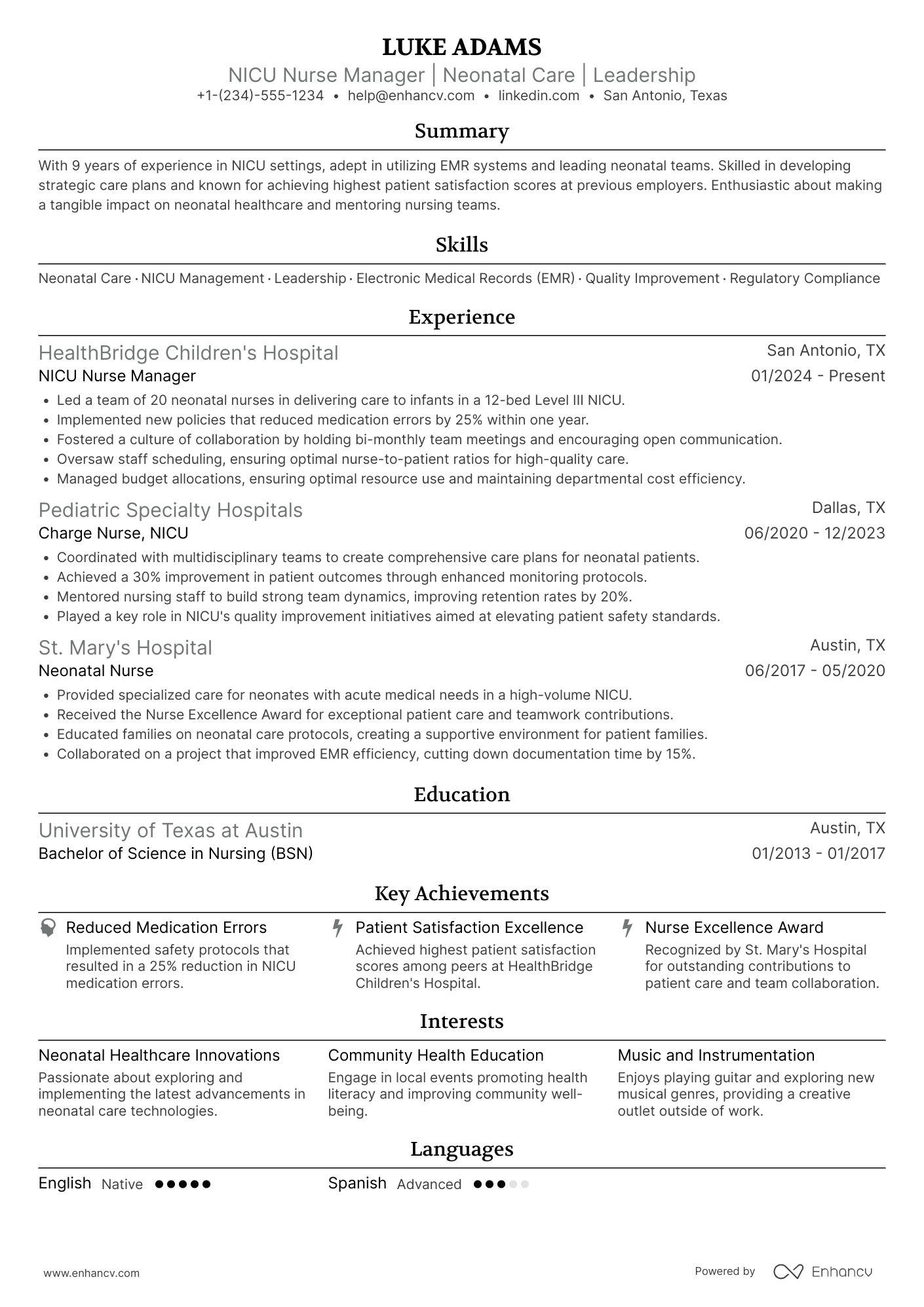 NICU Nurse Manager Resume Example