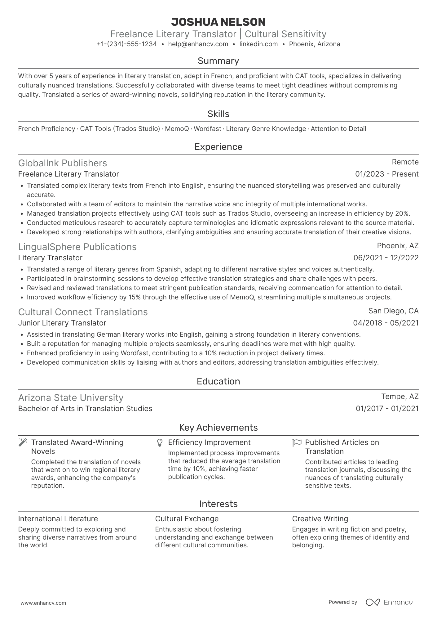 Freelance Literary Translator Resume Example