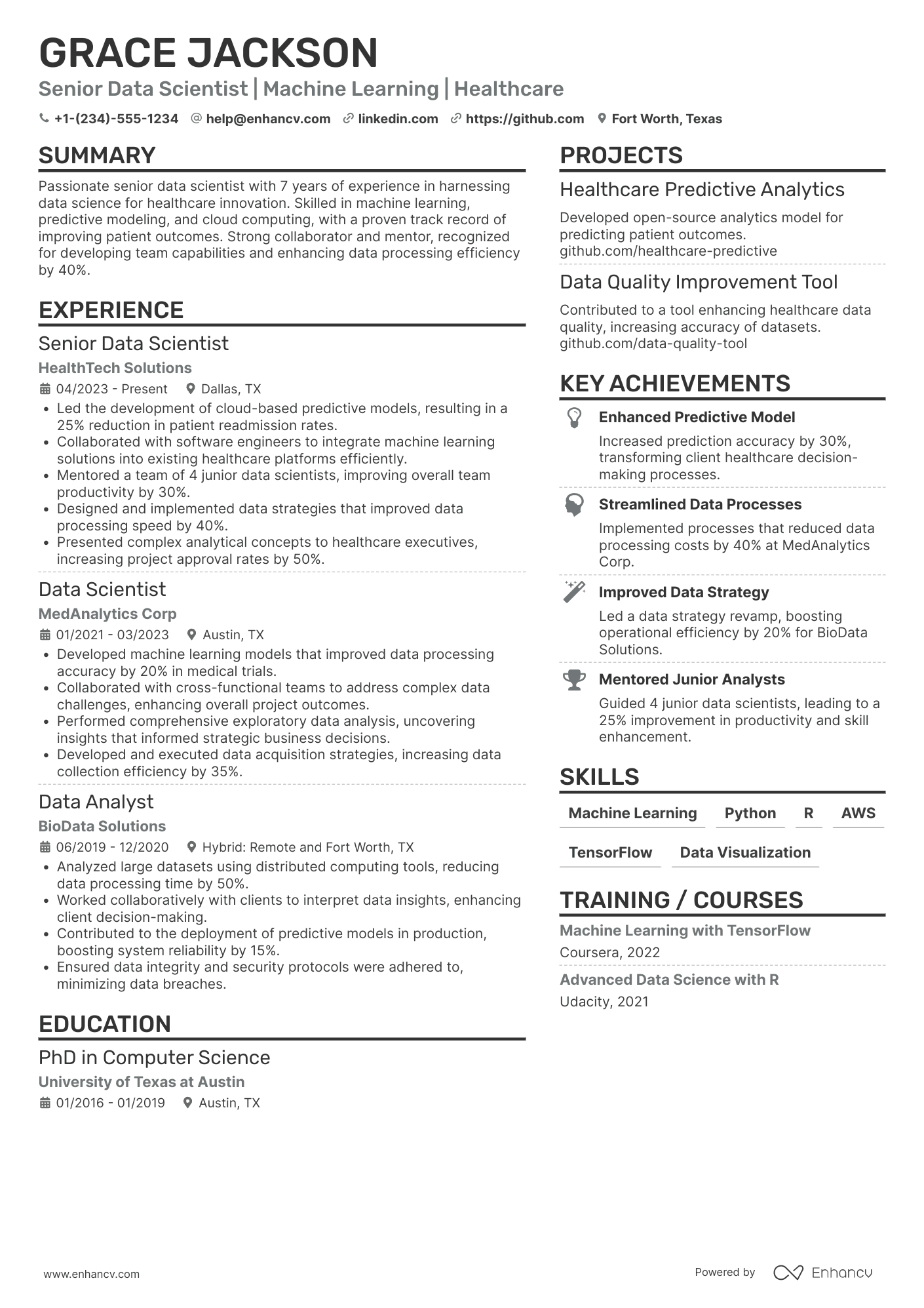 Senior PhD Data Scientist Resume Example