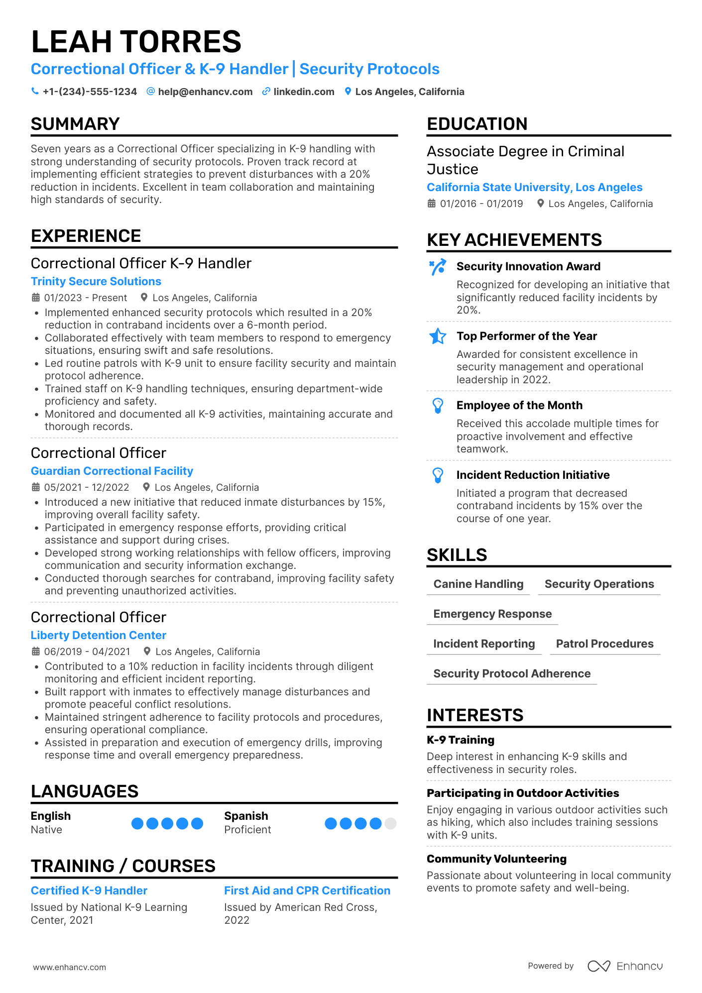 Correctional Officer K 9 Handler Resume Example