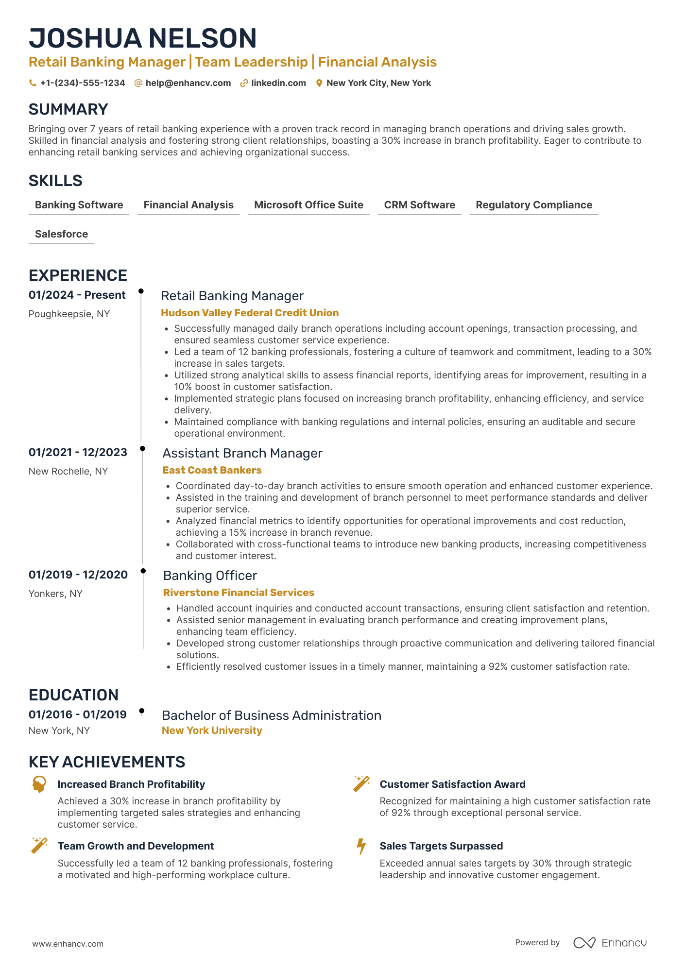 Retail Banking Manager Resume Example