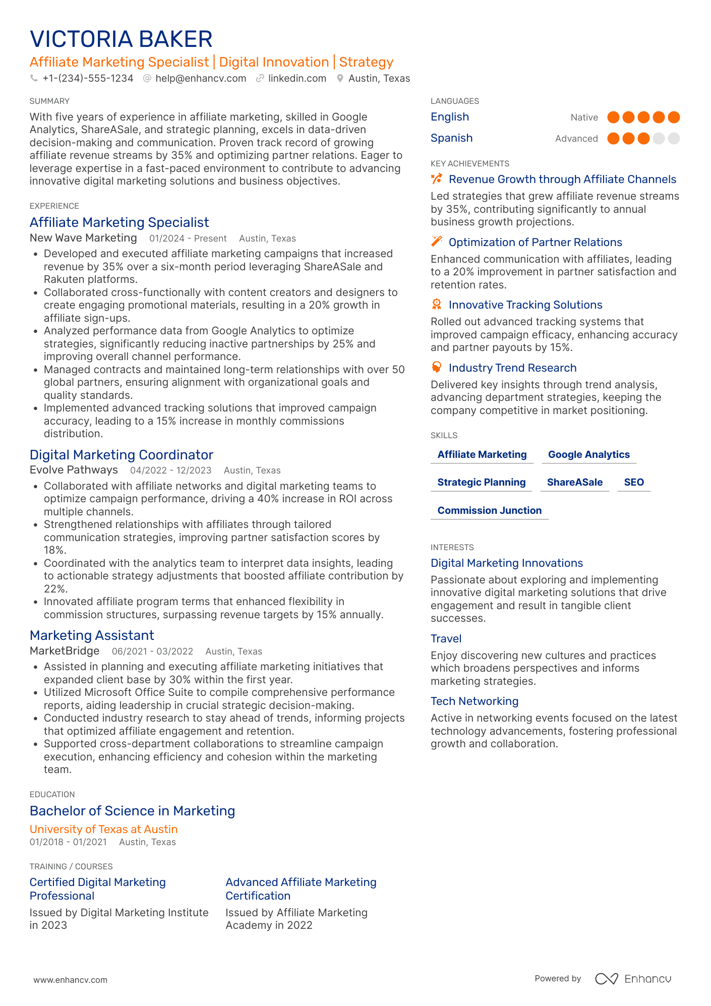 Affiliate Marketing Coordinator Resume Example