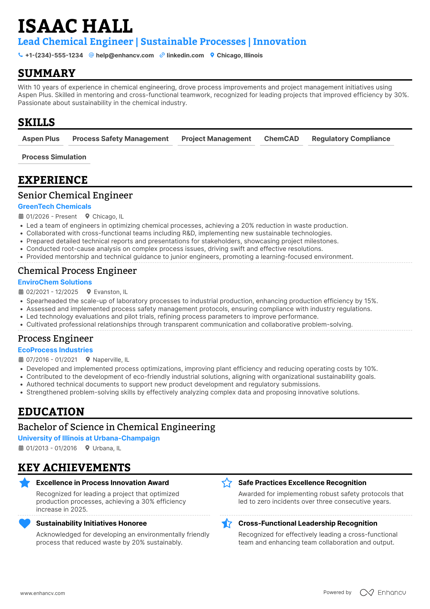Lead Chemical Engineer Resume Example