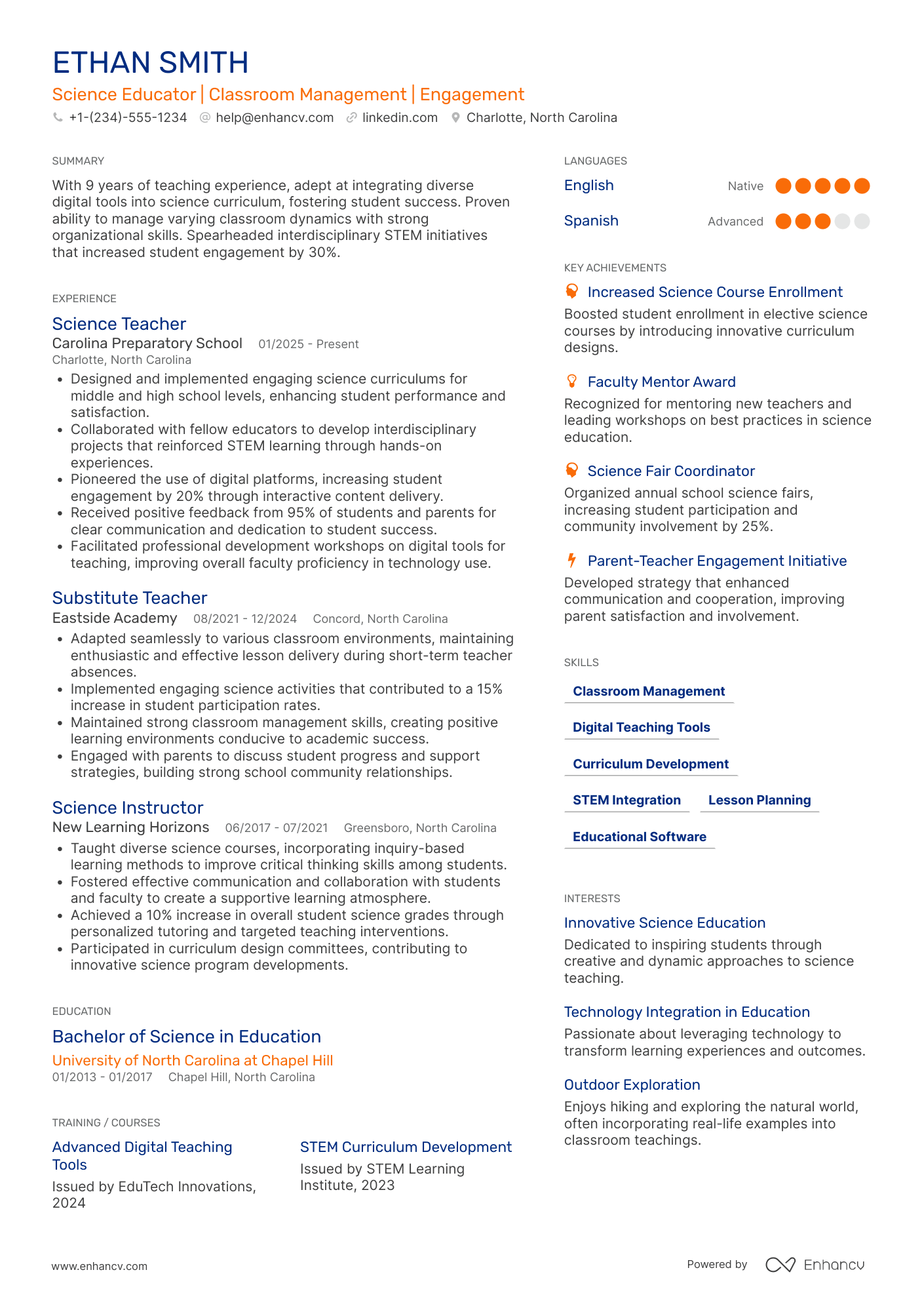 Substitute Science Teacher Resume Example