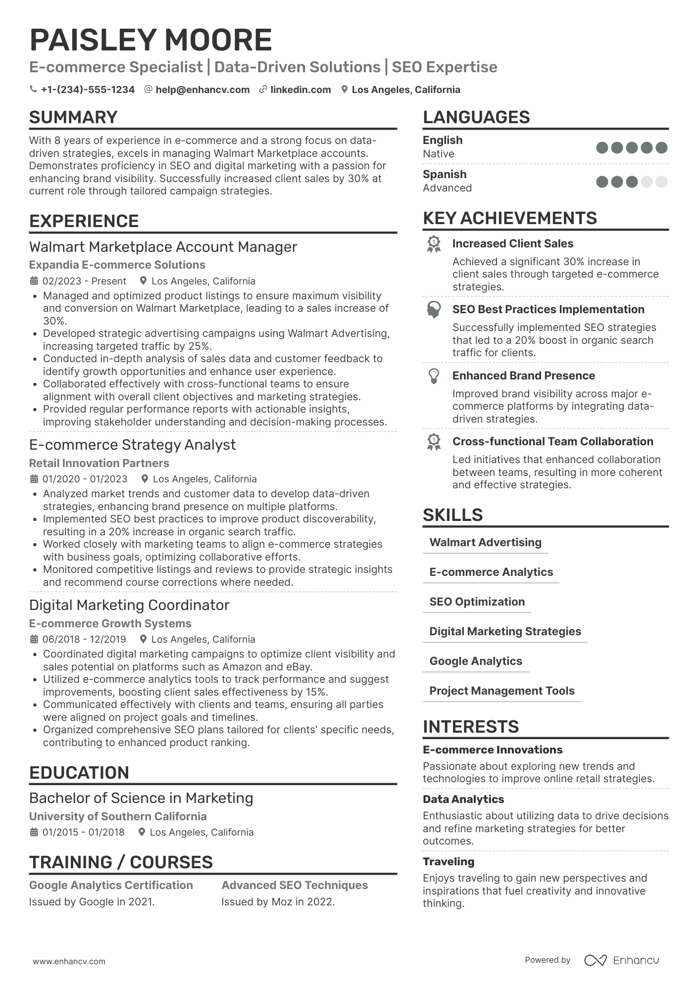 Walmart E commerce Specialist Resume Example