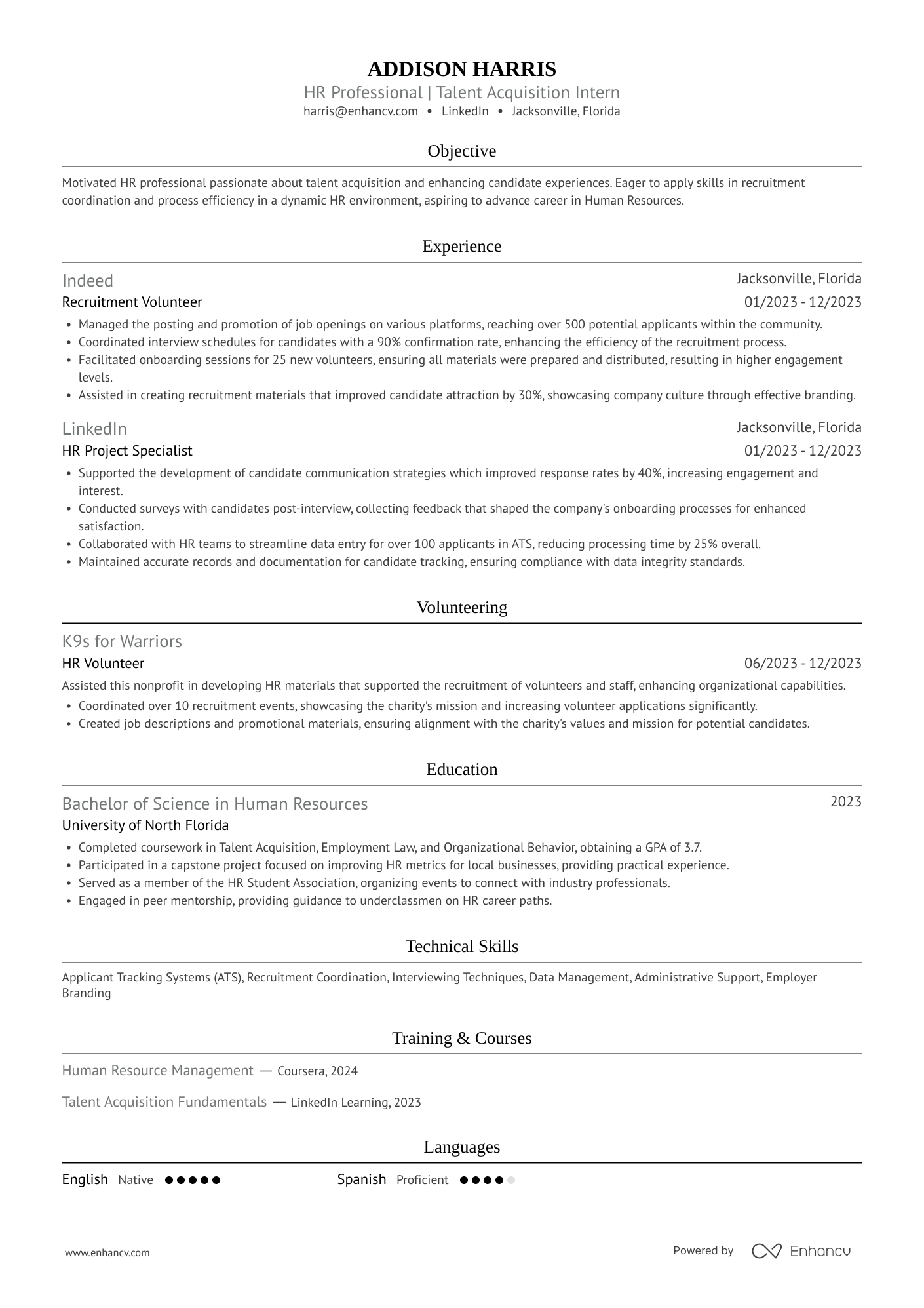 Human Resources Intern Resume Example