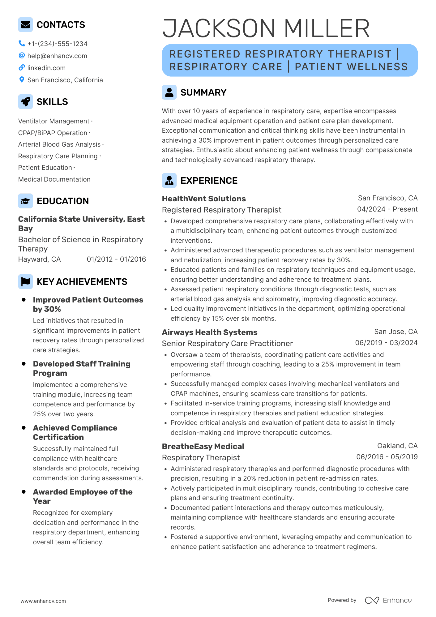Registered Respiratory Therapist (RRT) Resume Example