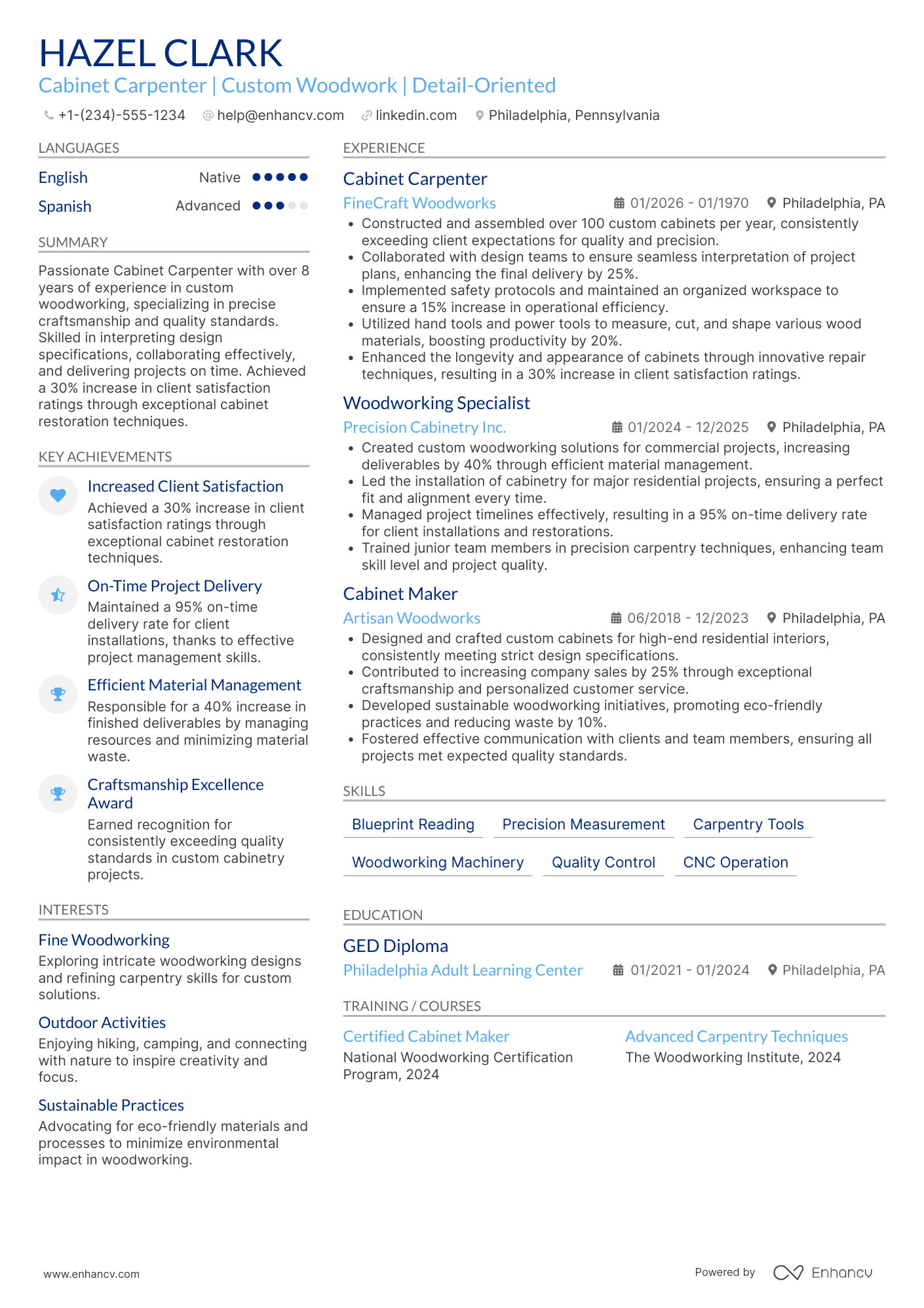 Cabinet Carpenter Resume Example