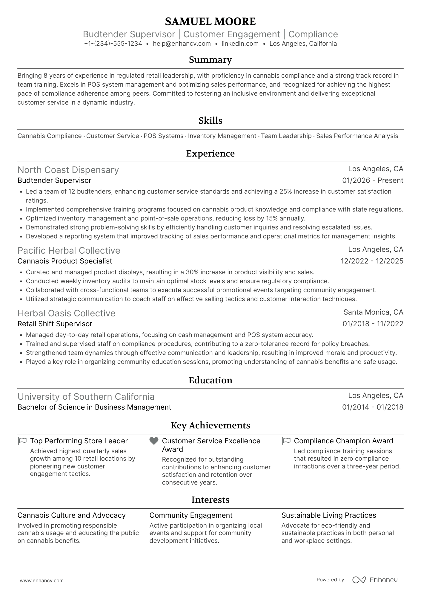 Budtender Supervisor Resume Example