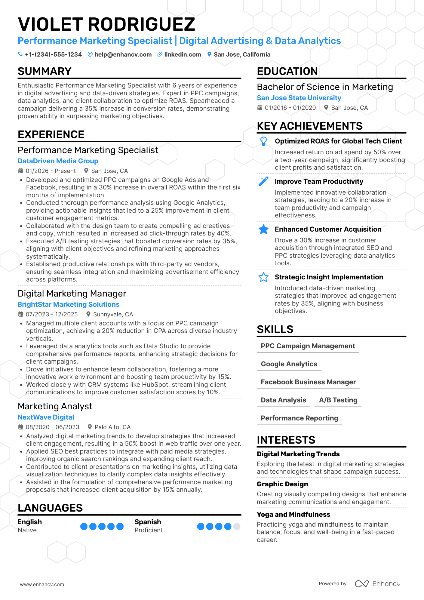Performance Marketing Specialist Resume Example
