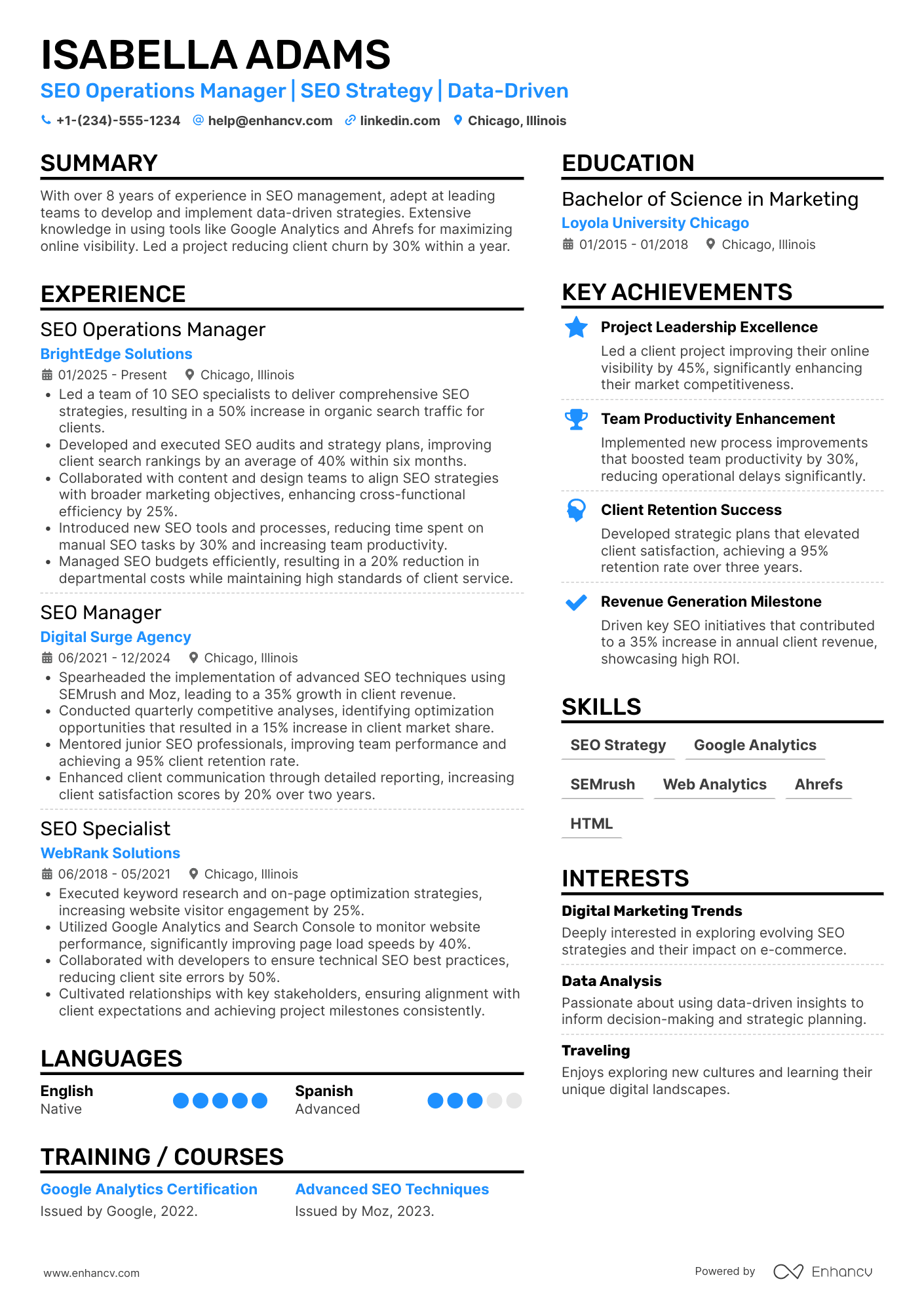 SEO Operations Manager Resume Example