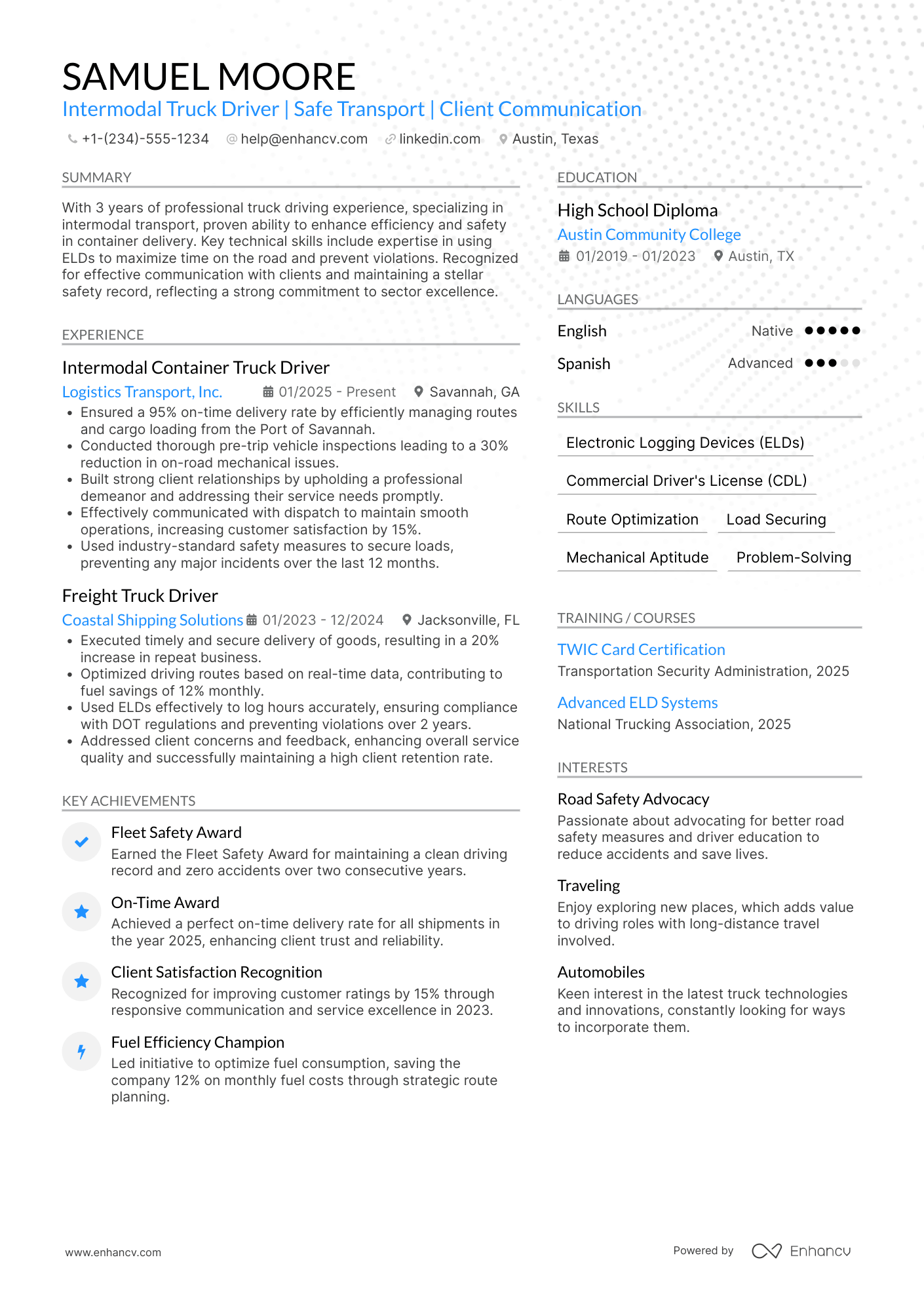 Intermodal Container Truck Driver Resume Example