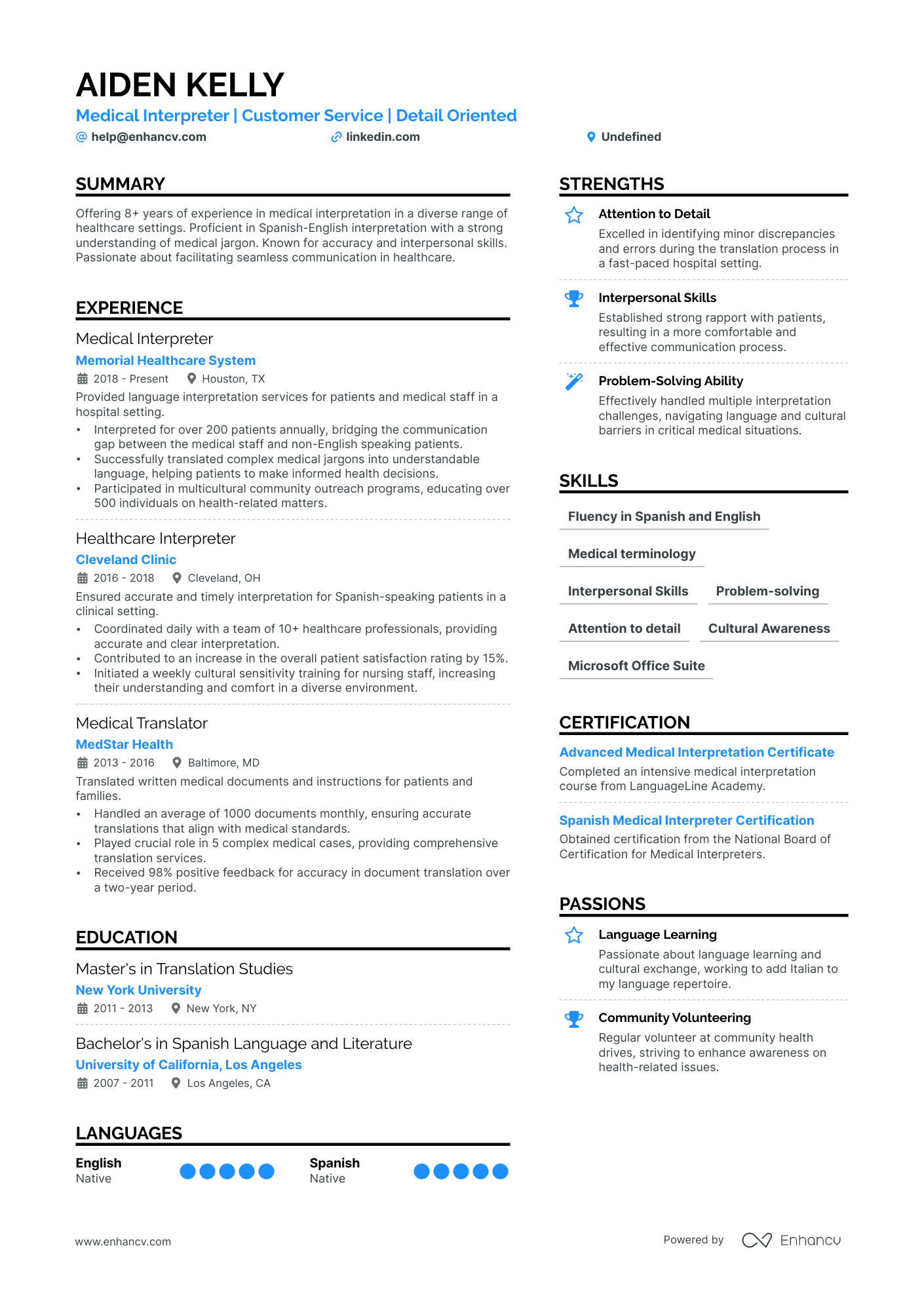 Medical Interpreter Resume Example