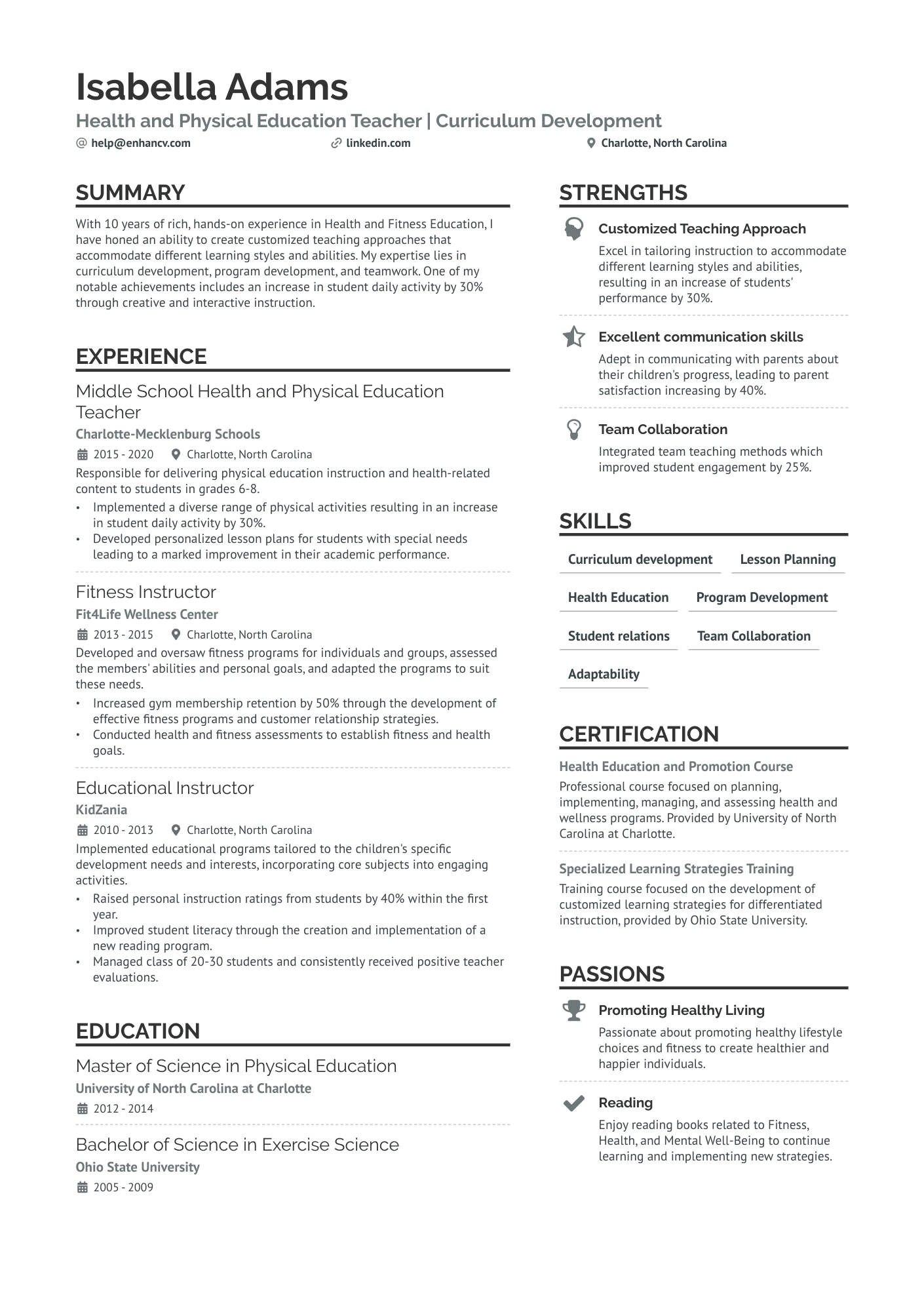 First Year Physical Education Teacher Resume Example