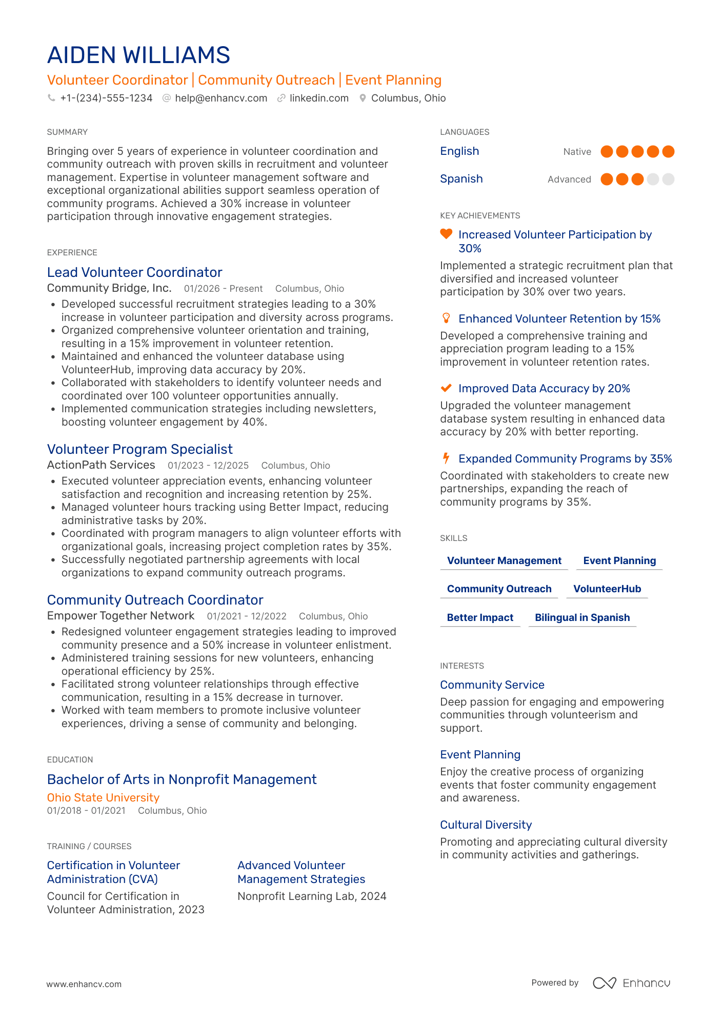 Non Profit Volunteer Coordinator Resume Example