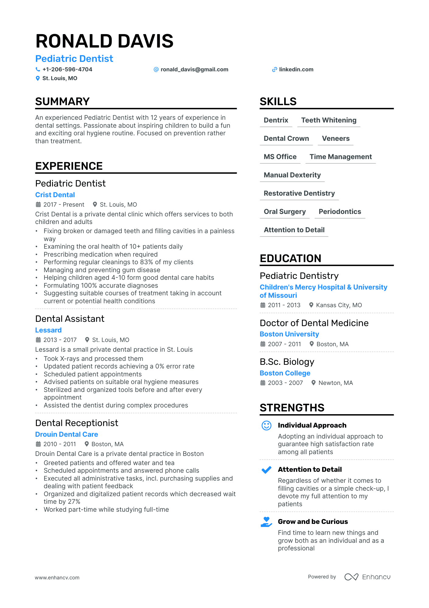 Pediatric Dentist Resume Example
