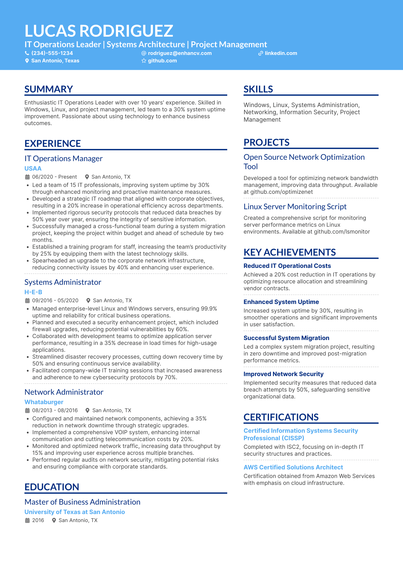 IT Operations Manager Resume Example