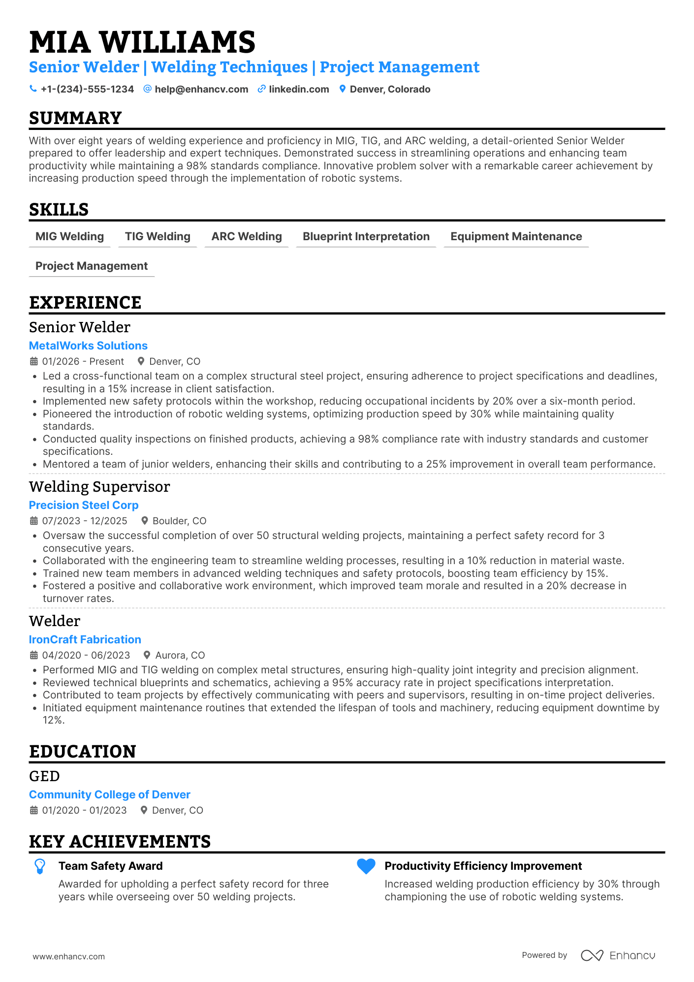 Senior Welder Resume Example