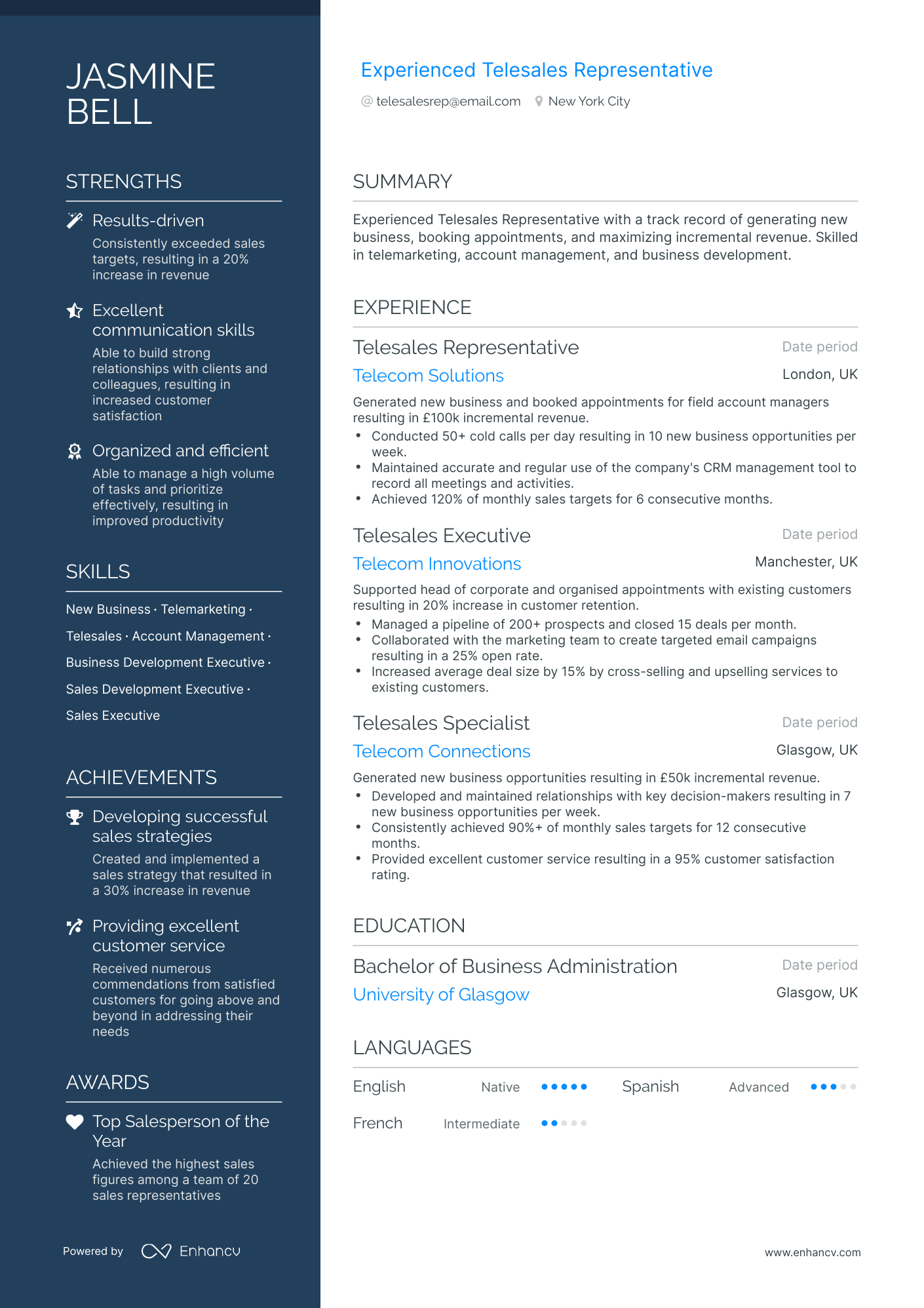 Telesales Representative Resume Example