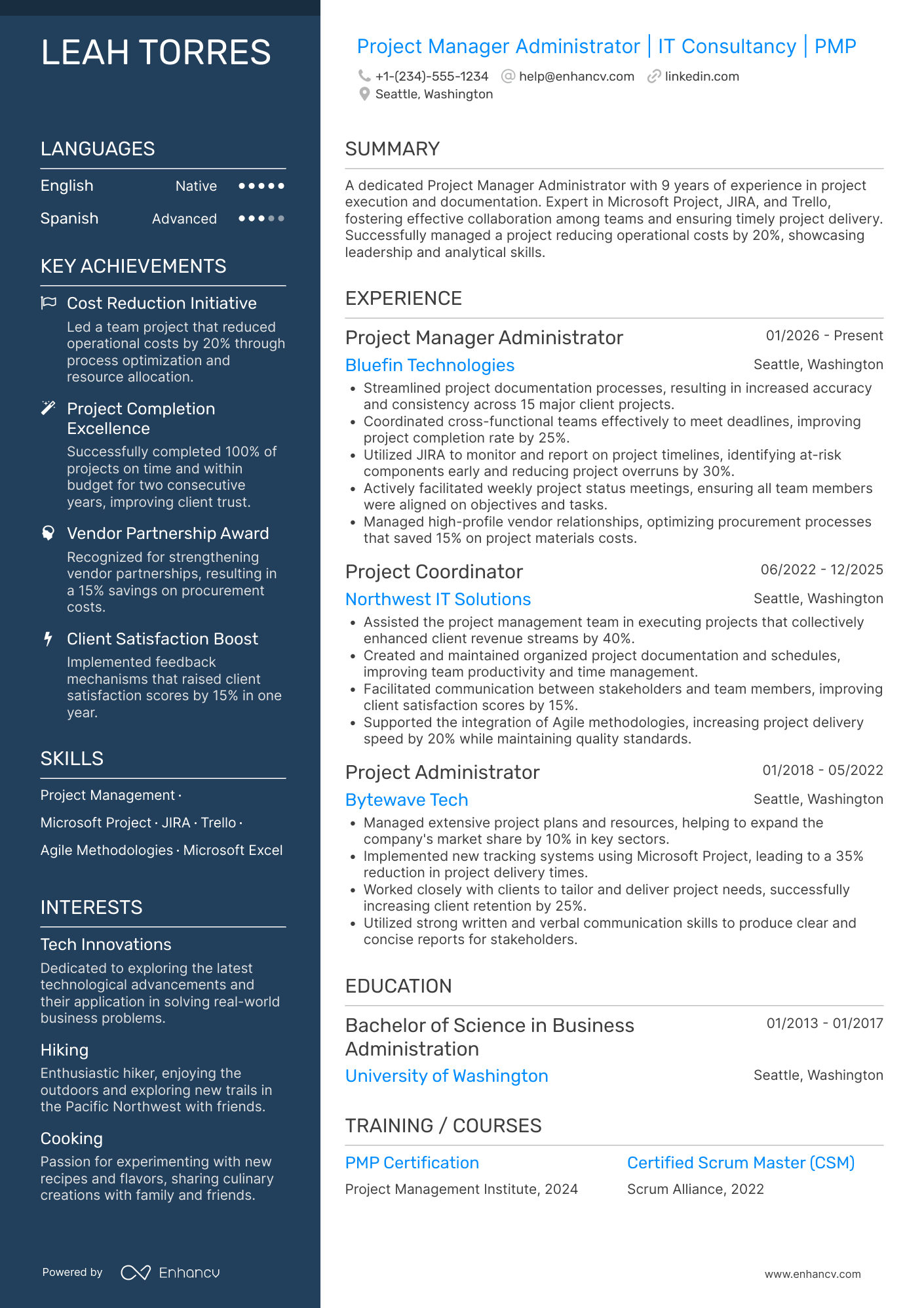 Project Manager Administrator Resume Example
